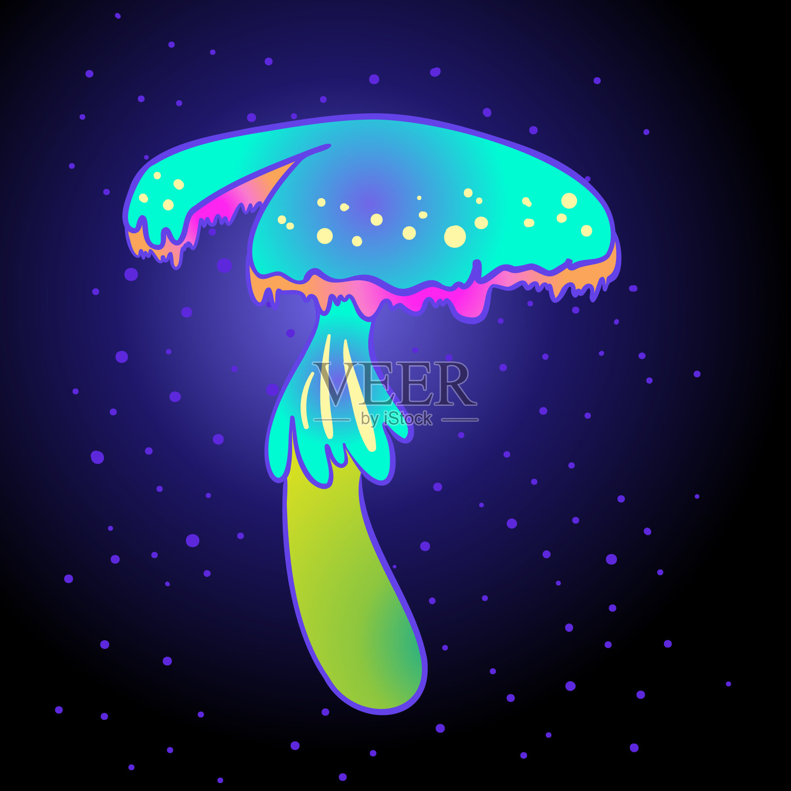 神奇的蘑菇。迷幻幻觉。充满活力的矢量图。60年代嬉皮士的彩色艺术，粉红色，粉彩哥特色彩孤立在白色上。插画图片素材