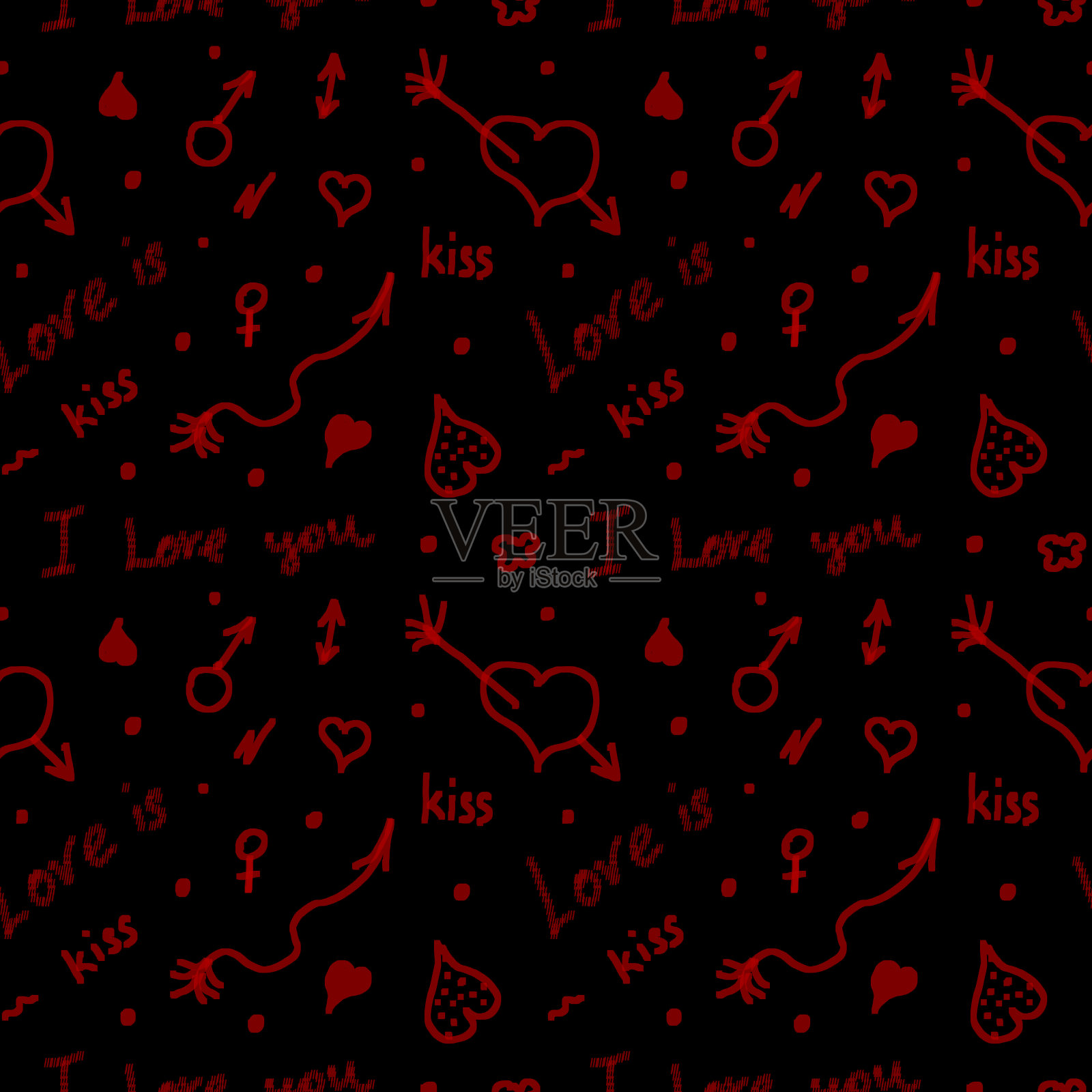 简单的无缝涂鸦图案为情人节。图案与红色丘比特的箭和心在黑色的背景。纺织品，包装纸，横幅和日记的设计。插画图片素材