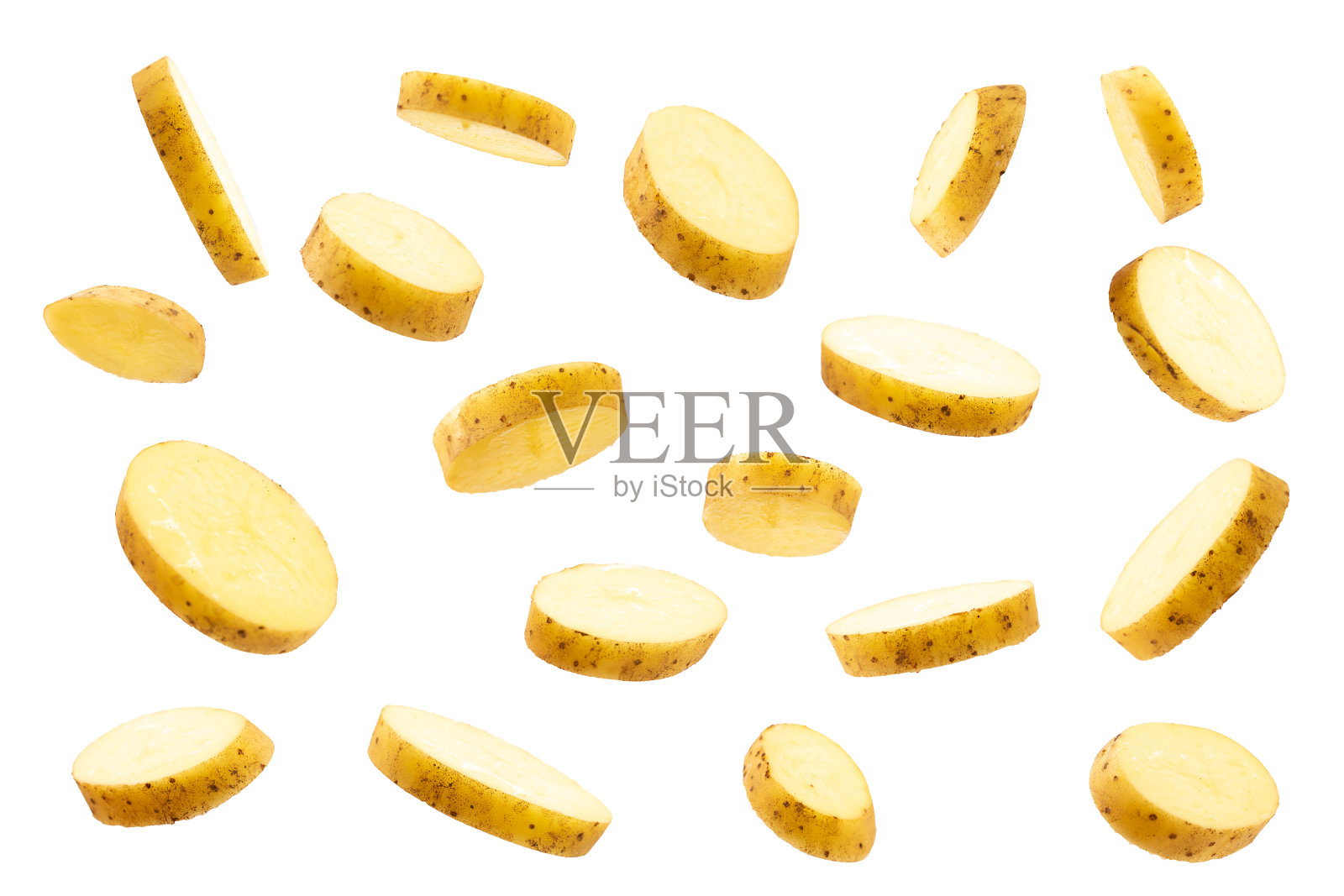生土豆孤立地飞在白色上照片摄影图片
