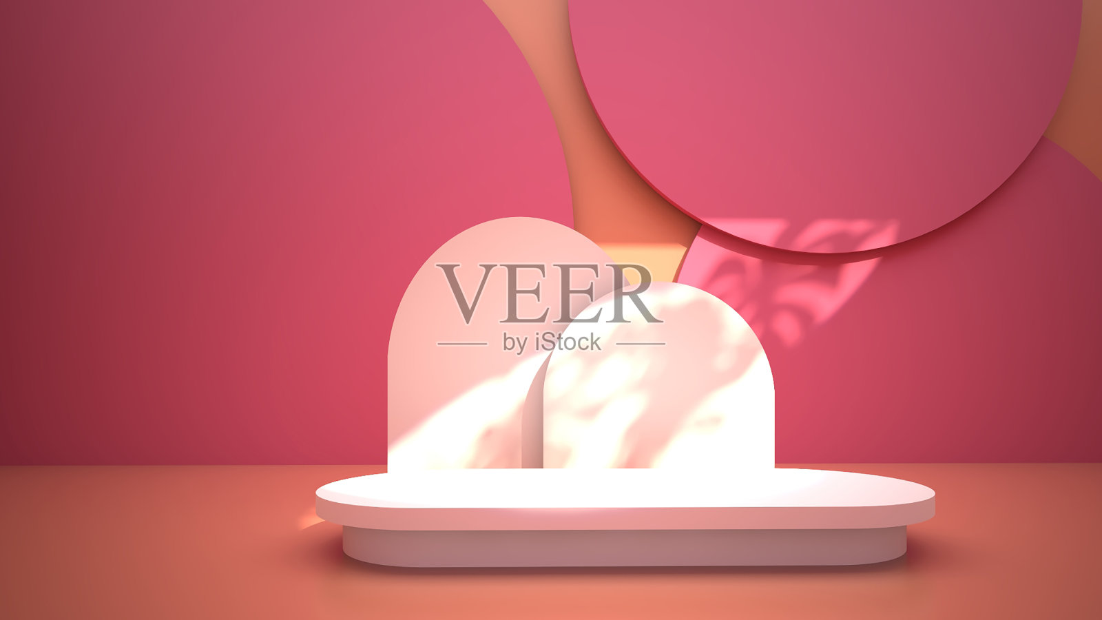 粉红色的空空间和聚光灯与树叶阴影。3 d渲染。照片摄影图片