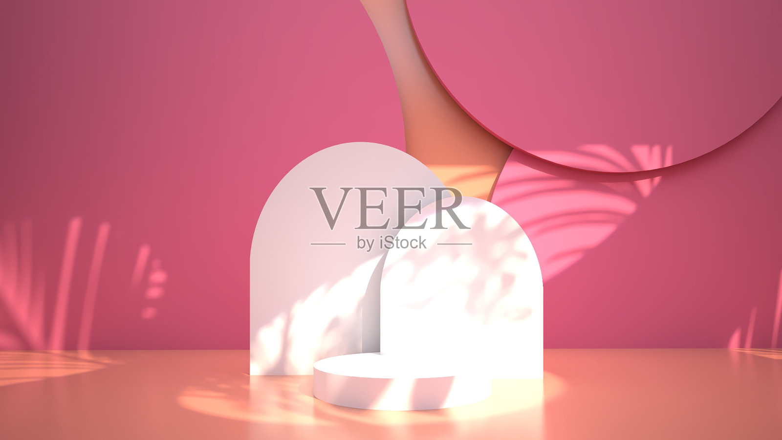 粉红色的空空间和聚光灯与树叶阴影。3 d渲染。插画图片素材