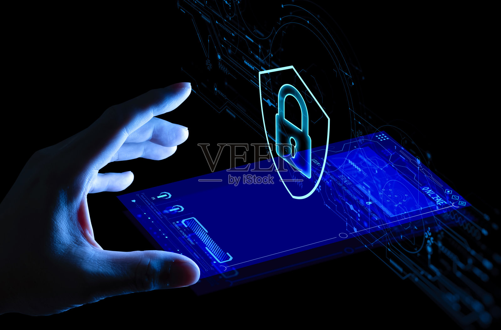 数据保护网络安全隐私业务与女性手指向与UI新智能手机。互联网技术的概念。照片摄影图片