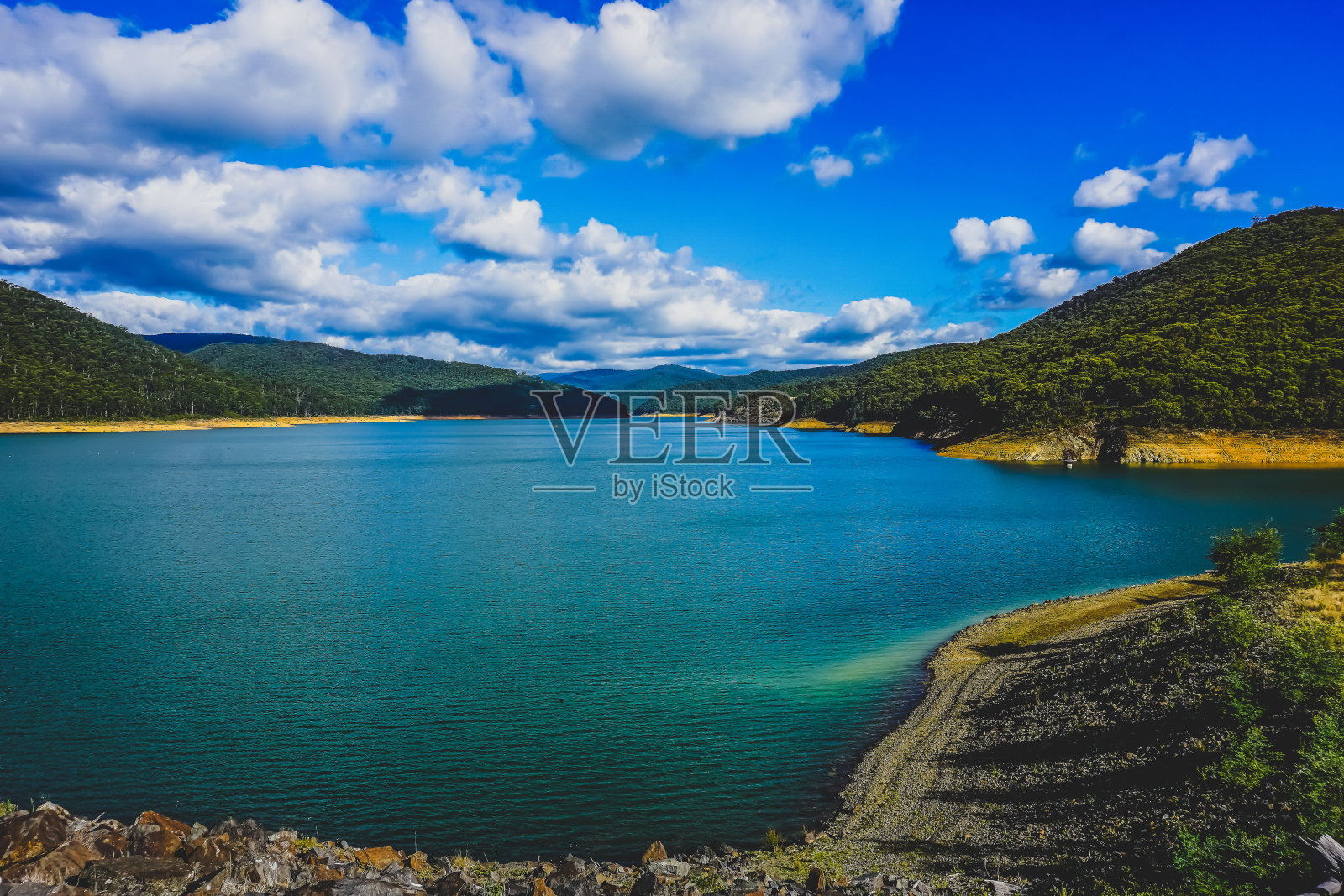 夏天有水库。照片摄影图片