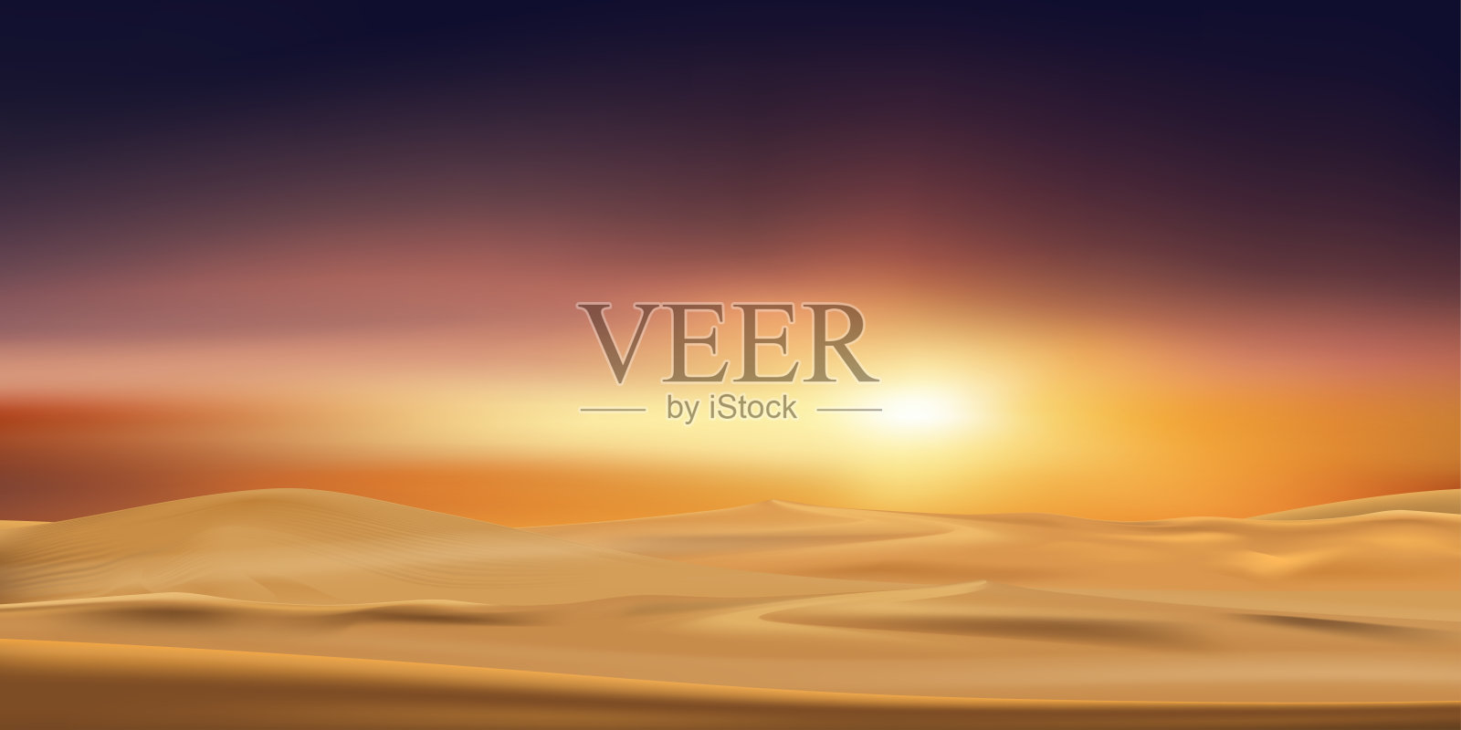 日落在沙漠景观与沙丘与橙色的天空在晚上，矢量插图美丽的自然日出在早上，旗帜背景的伊斯兰教，穆斯林开斋节穆巴拉克，开斋节插画图片素材