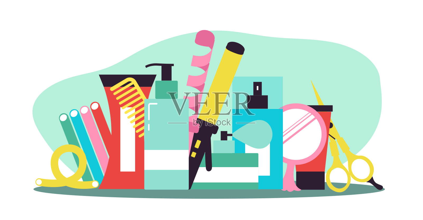 各种护发产品在白色的背景。各种各样的管子，奶油，瓶子和购物，梳子，卷发棒，卷发器，剪刀。插画图片素材