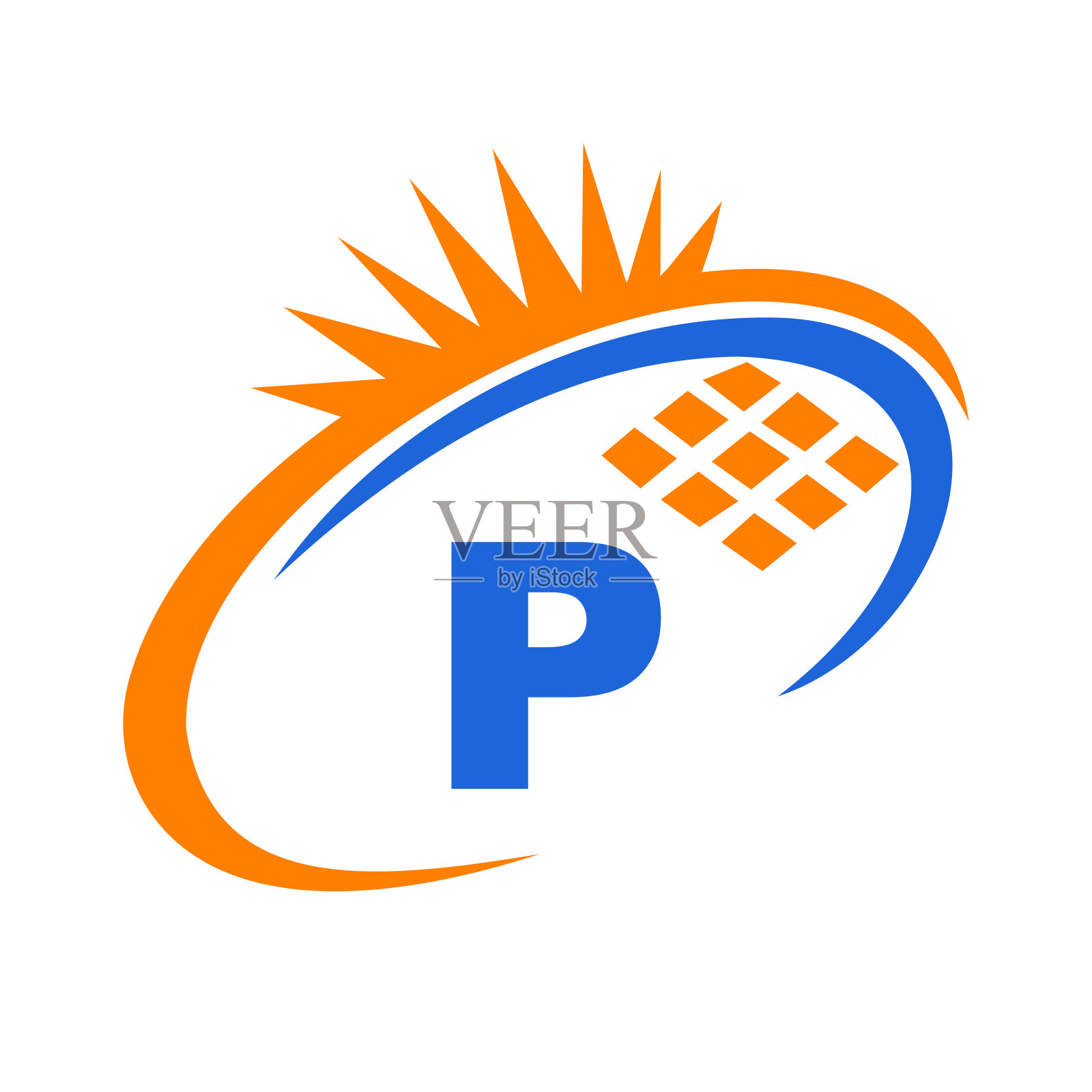 字母P内部太阳能电池或太阳能电池板能源标志设计。字母P标志与太阳能元素，太阳，太阳能电池板的标志插画图片素材