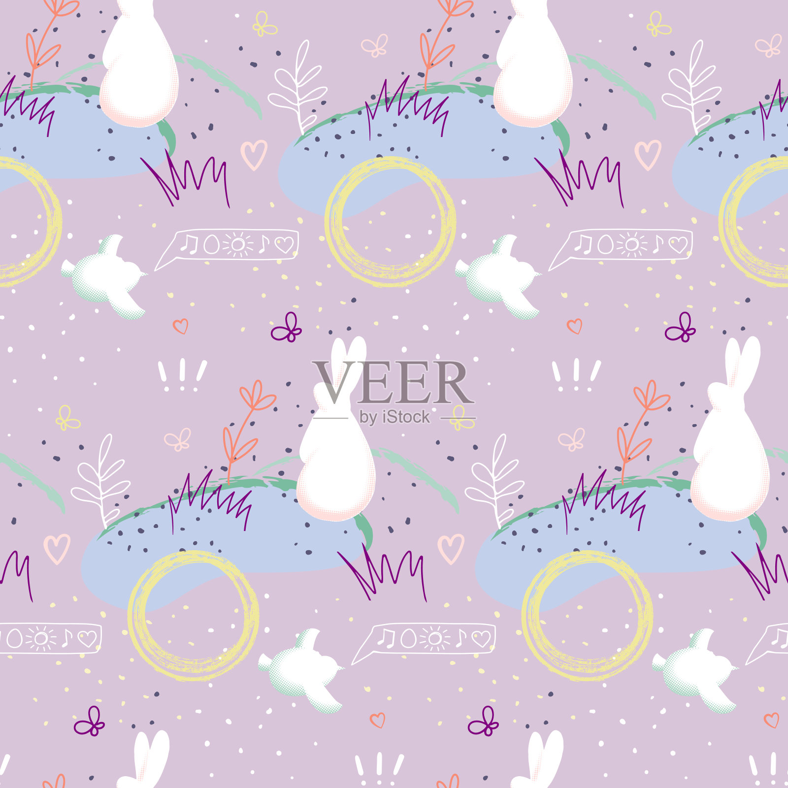 手绘抽象无缝图案与兔子插画图片素材