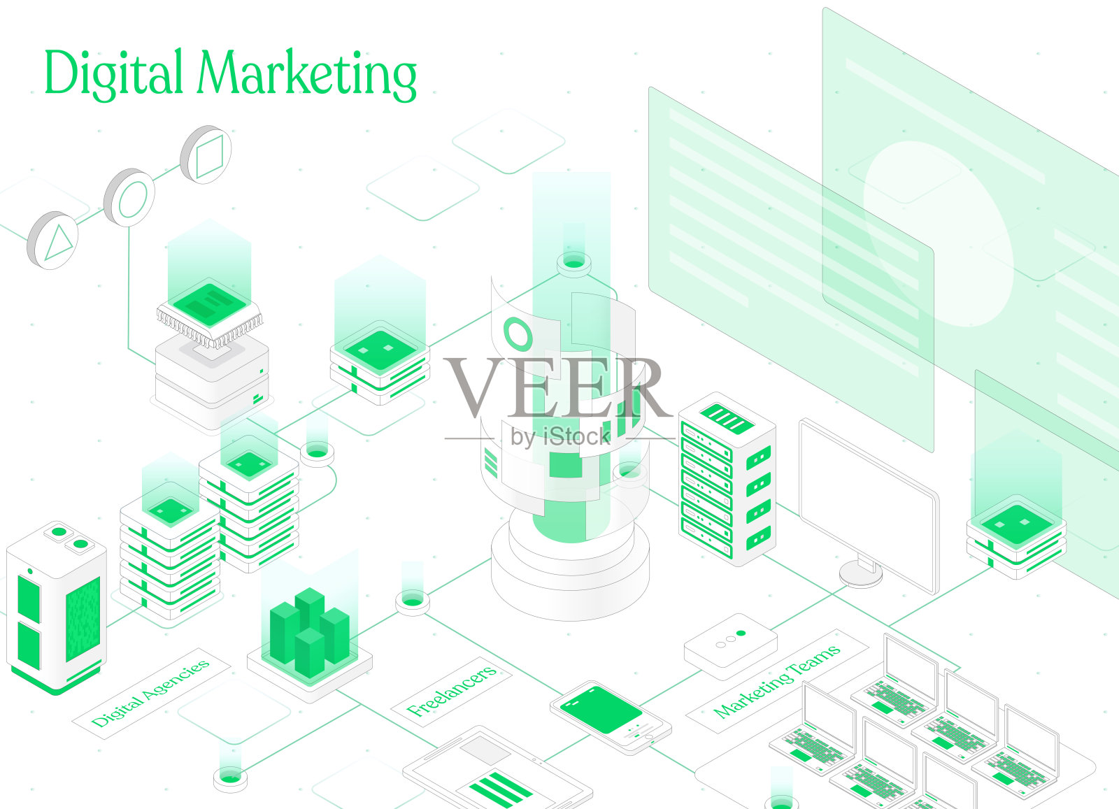 现代平面设计等距概念的数字营销横幅和网站。摘要三维矢量背景。网络开发，社交媒体的概念。着陆页模板。数字技术插画图片素材