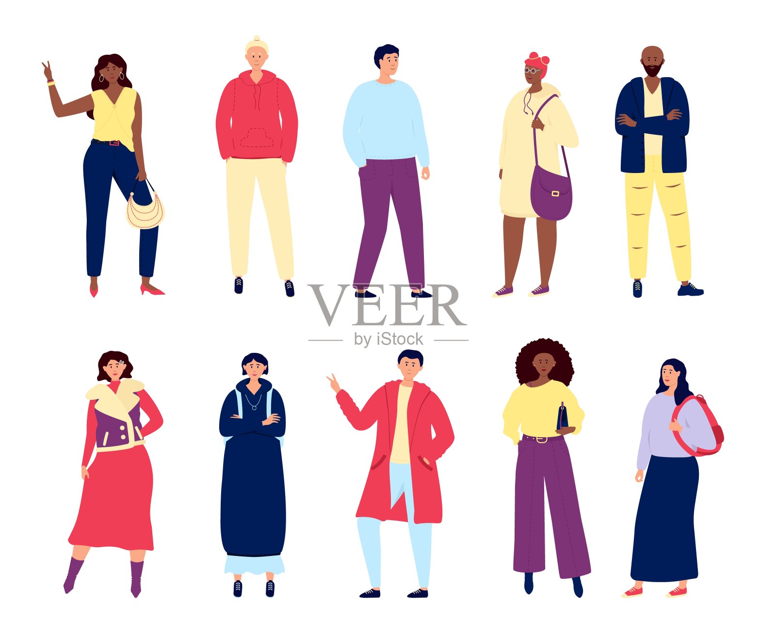 国际时尚人物。学生社区，潮人少年。穿着彩色衣服的年轻人。孤立扁平时尚的人，绝对矢量集插画图片素材