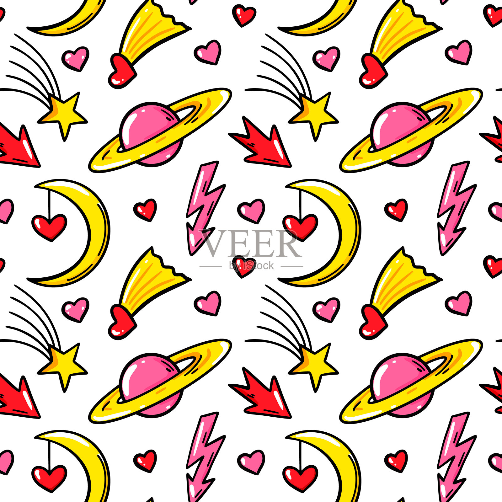 手绘宇宙爱无缝图案。情人节设计。矢量图插画图片素材
