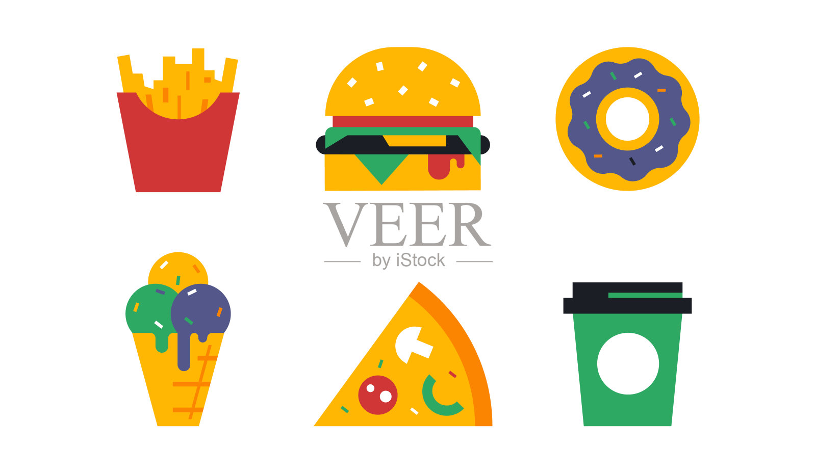 快餐。薯条，汉堡，甜甜圈，冰淇淋，一片披萨，一杯咖啡。垃圾食品，好吃。矢量插图孤立在白色背景上。插画图片素材