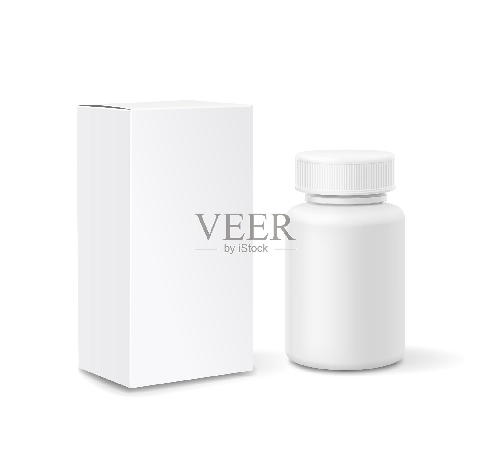 空白药瓶3d。白色塑料药罐与包装盒载体设计元素图片