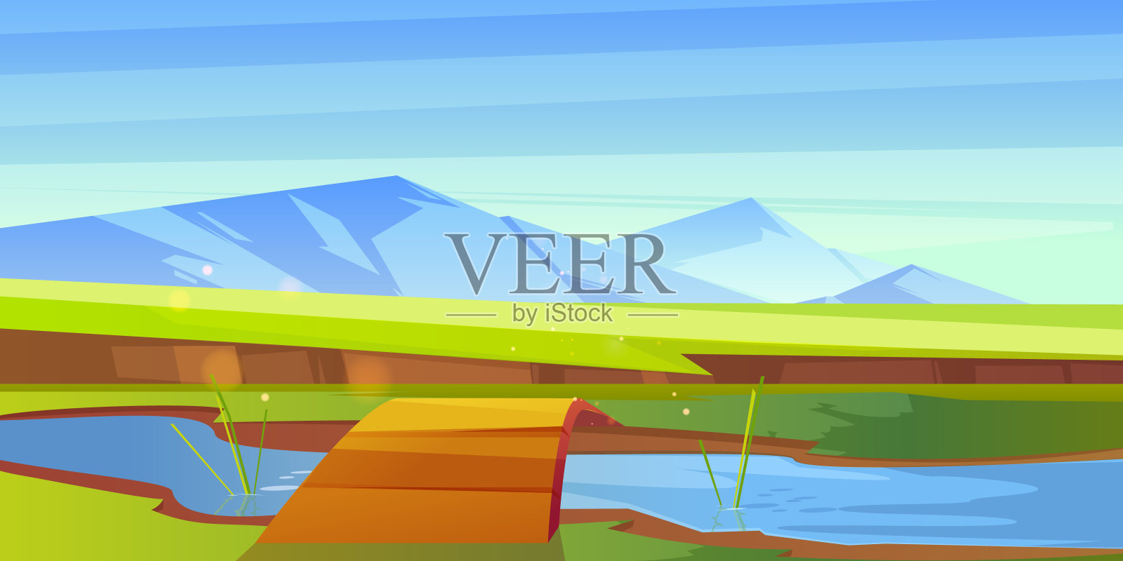 卡通自然景观木桥河上插画图片素材