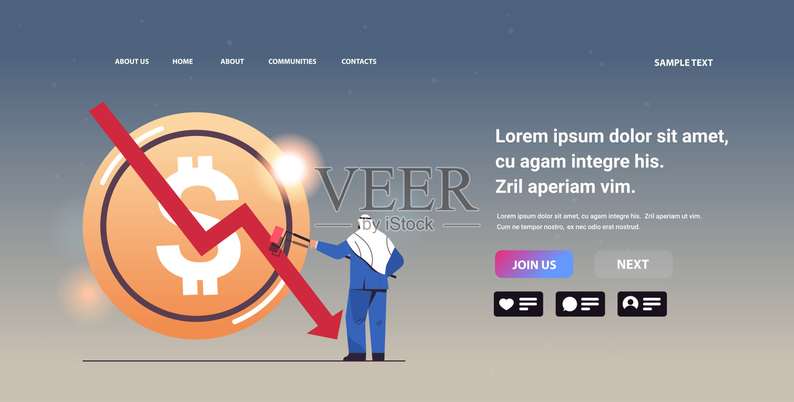 阿拉伯商人用滚轴画下箭头画出金融危机破产的概念插画图片素材