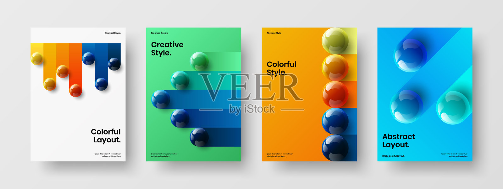 极简公司身份设计矢量布局bundle。简单的3D球小册子插图收集。插画图片素材