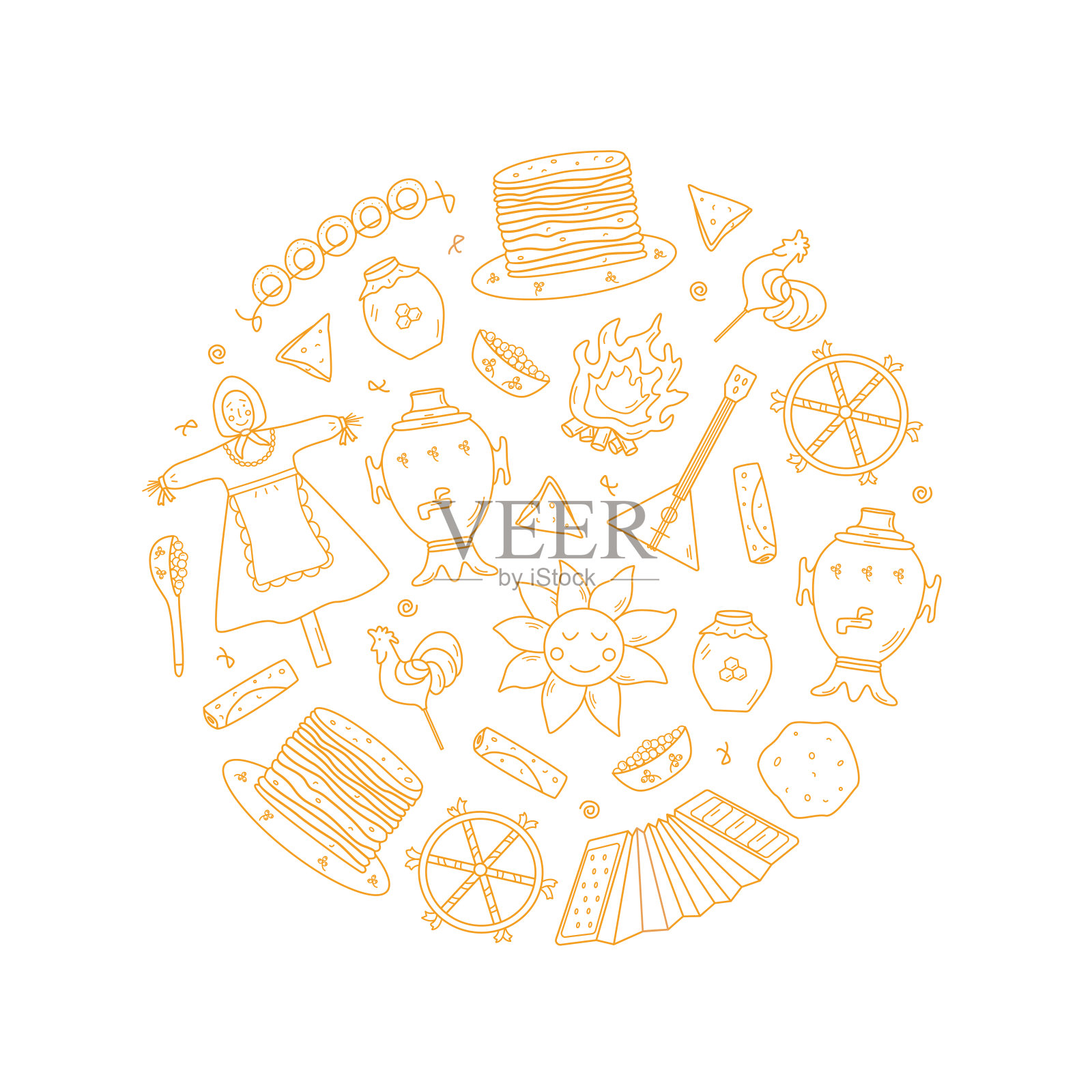 一组薄饼日的涂鸦元素。传统的俄罗斯节日Maslenitsa的图标矢量插图。太阳，稻草人，手风琴，巴拉莱卡，茶炊，插画图片素材