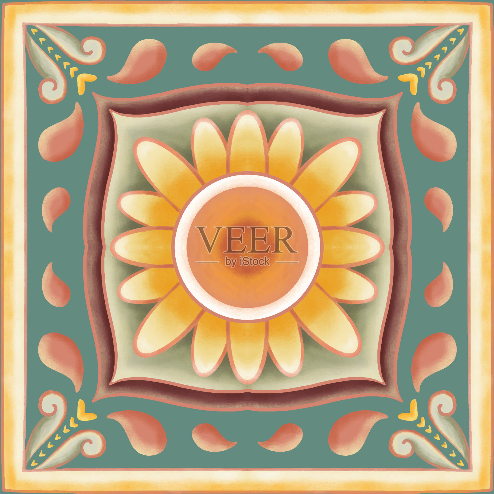 向日葵在绿色围巾披巾。几何民族东方图案传统设计背景，地毯，壁纸，服装，包装，蜡染，织物，矢量插图刺绣风格插画图片素材