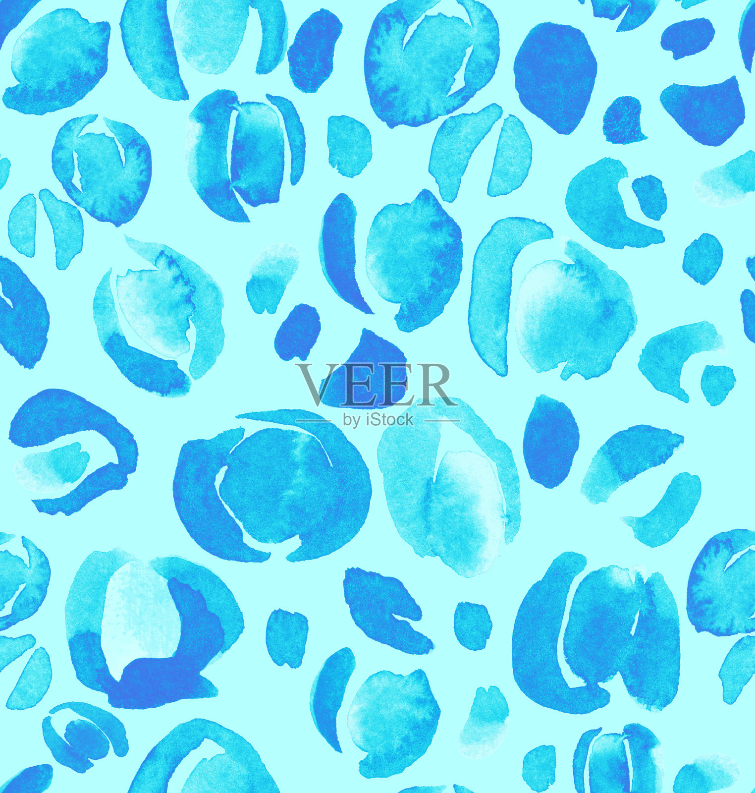 蓝色动物水彩无缝单色图案与豹皮图案插画图片素材