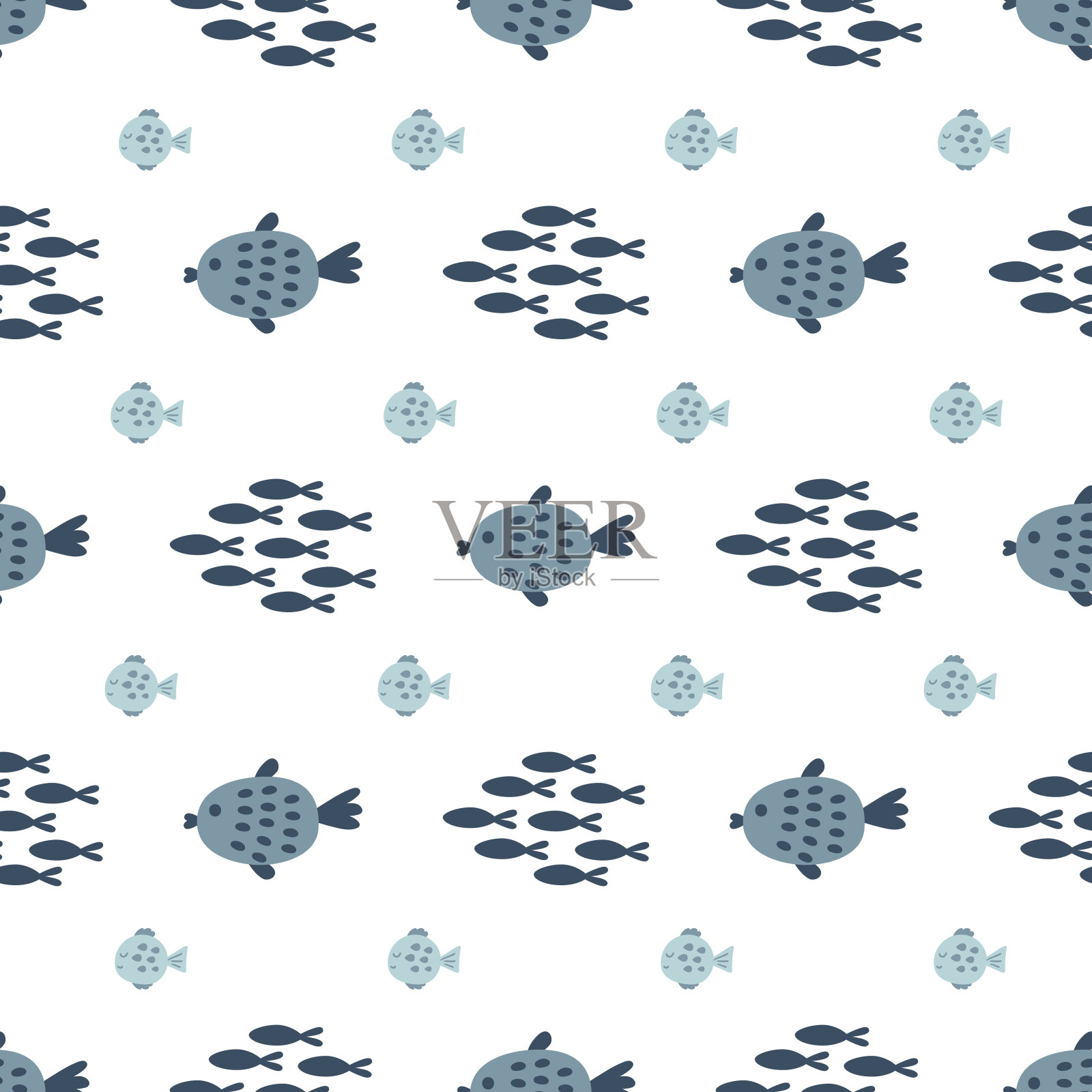 男孩鱼图案。可爱的灰鱼海洋生活无缝模式。海鱼重复印刷男孩，运动纺织品，衣服，包装纸。矢量插图。可爱的船用纺织品设计。插画图片素材