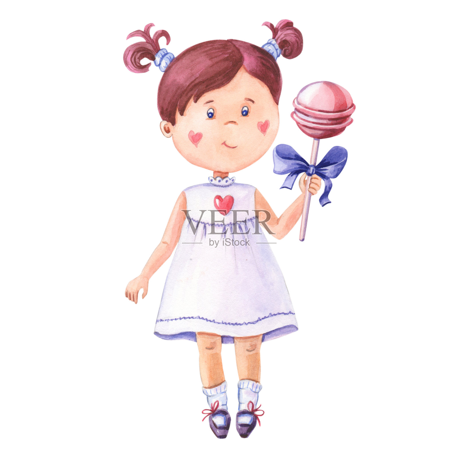 拿着棒棒糖的水彩女孩。带有儿童和糖果的情人节卡片。设计元素图片