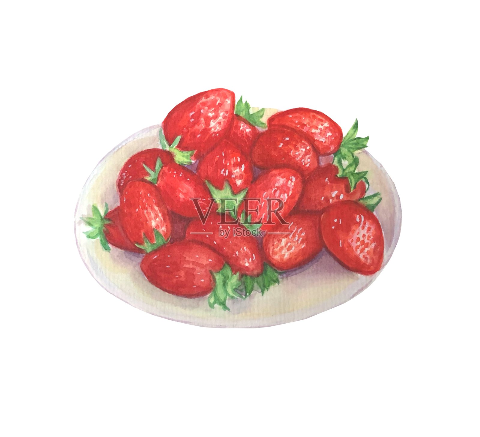 草莓在盘子里。水彩手绘插图。插画图片素材