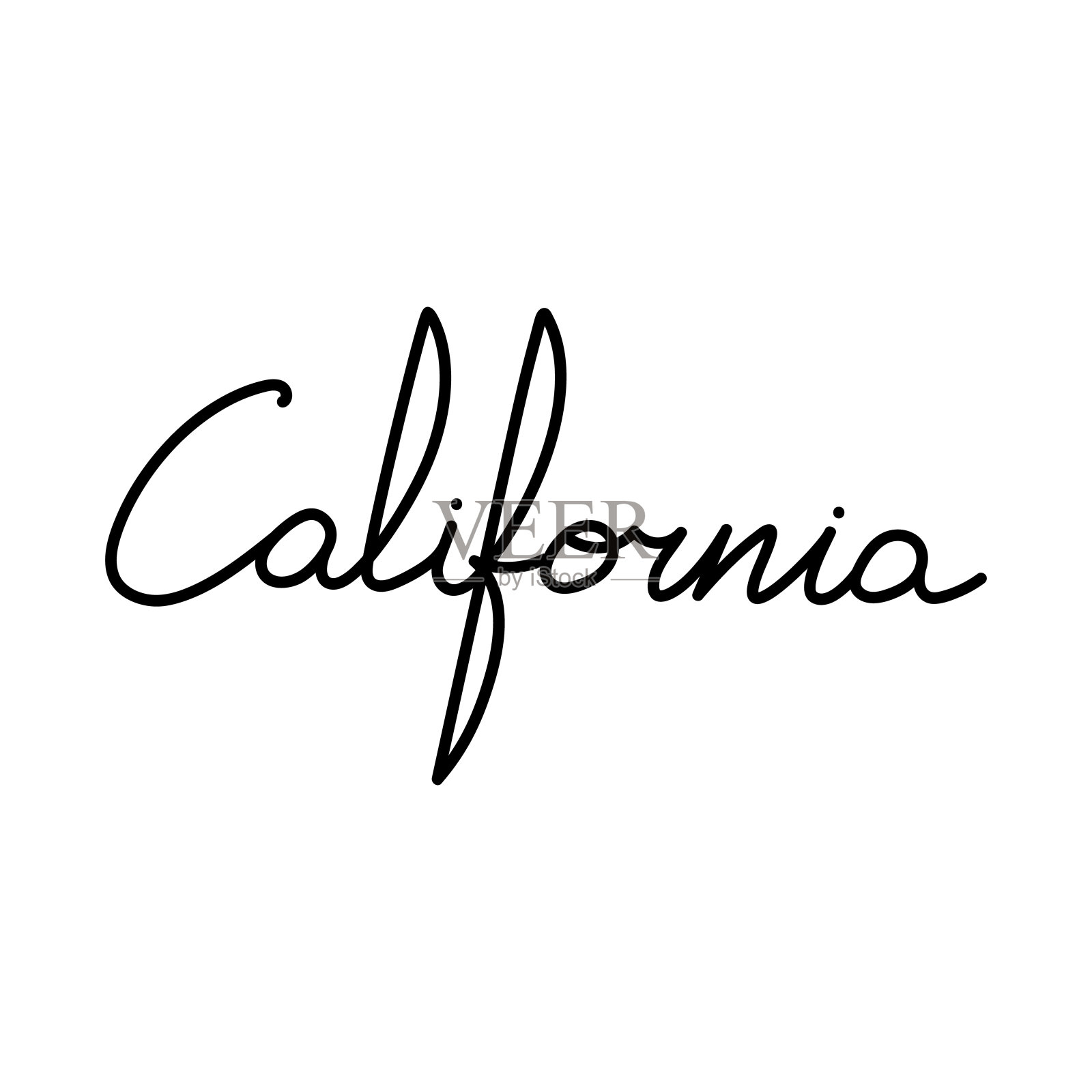 白色背景上用黑色墨水手写的“加州”字样。可用于贴纸、手机壳、海报、t恤、马克杯等。插画图片素材
