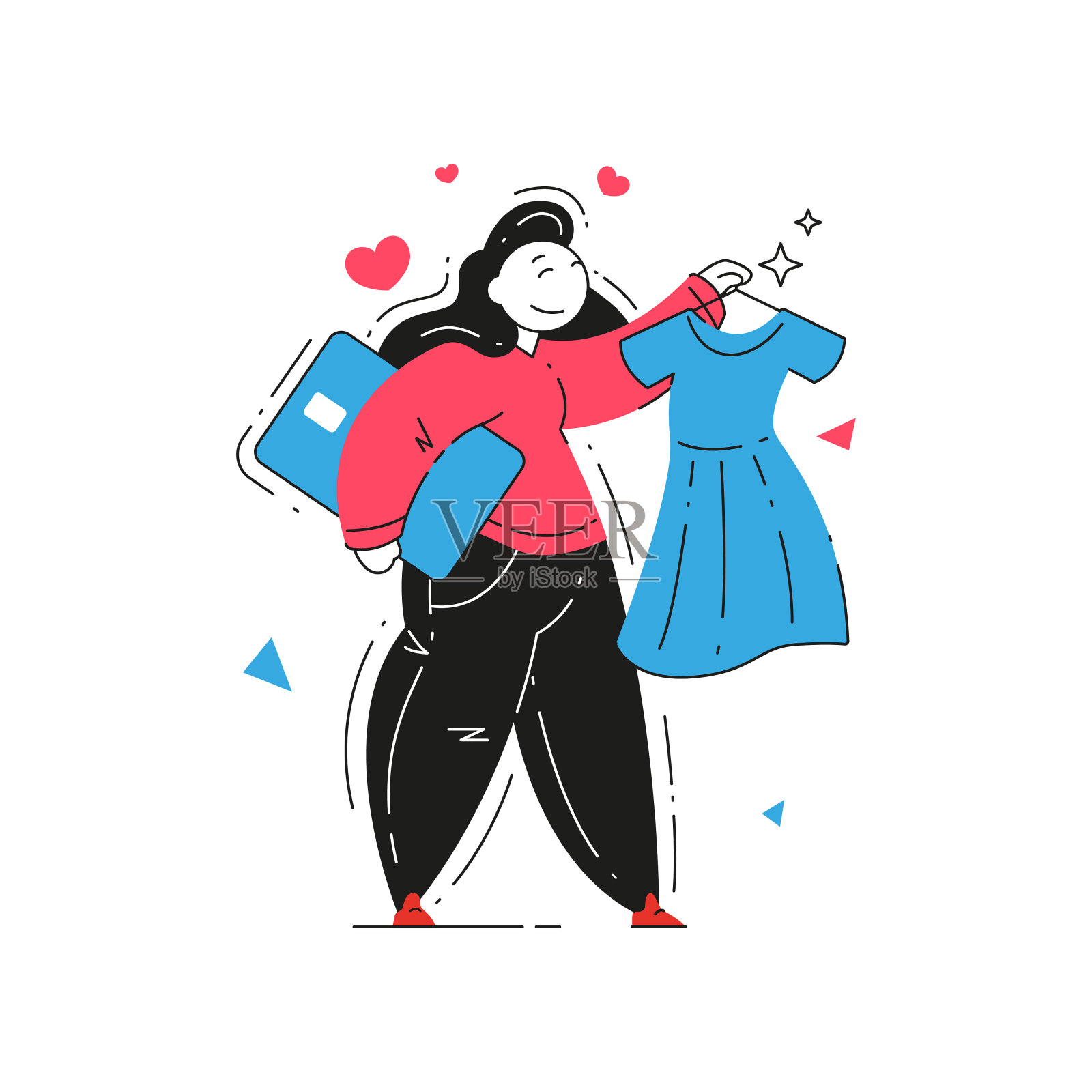 快乐的女购物者携带所需的时尚服装衣架和信用卡享受购买插画图片素材