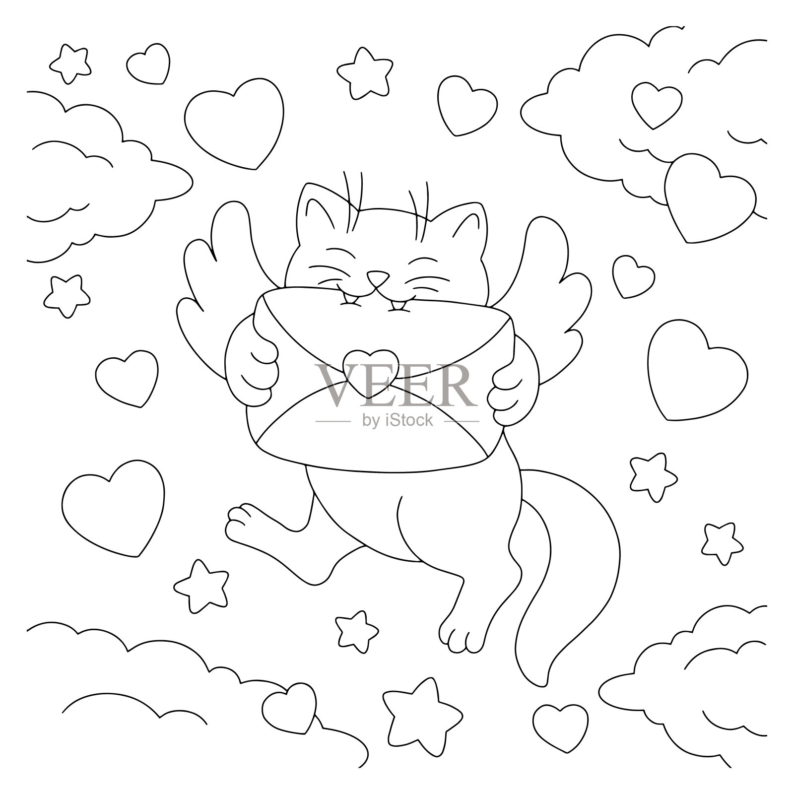 丘比特猫拿着信封。儿童涂色书页。情人节。卡通风格的角色。矢量插图孤立在白色背景上。插画图片素材