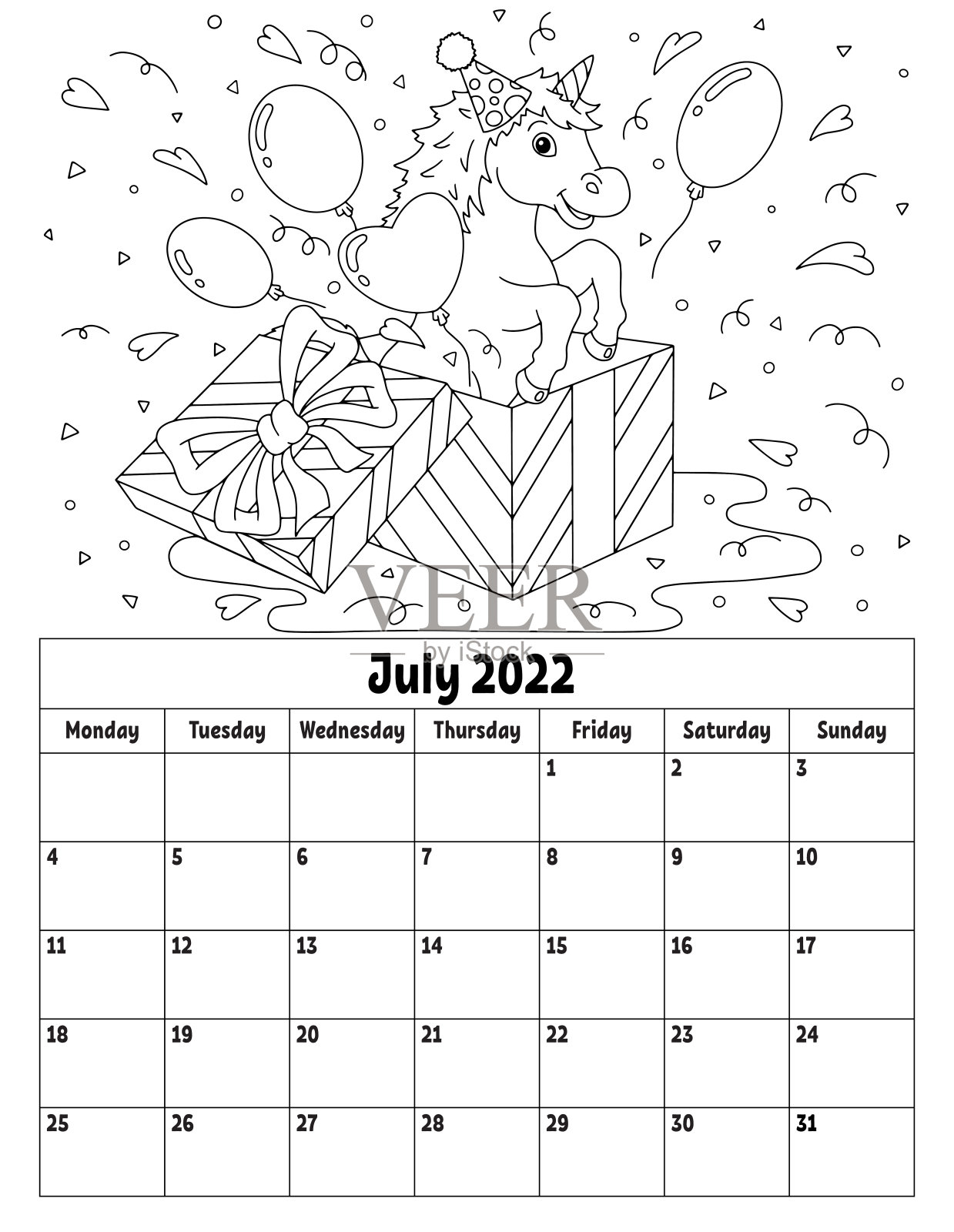 2022年的垂直日历，有一个可爱的字符。儿童涂色页。一周从星期一开始。孤立的矢量图。卡通风格。插画图片素材