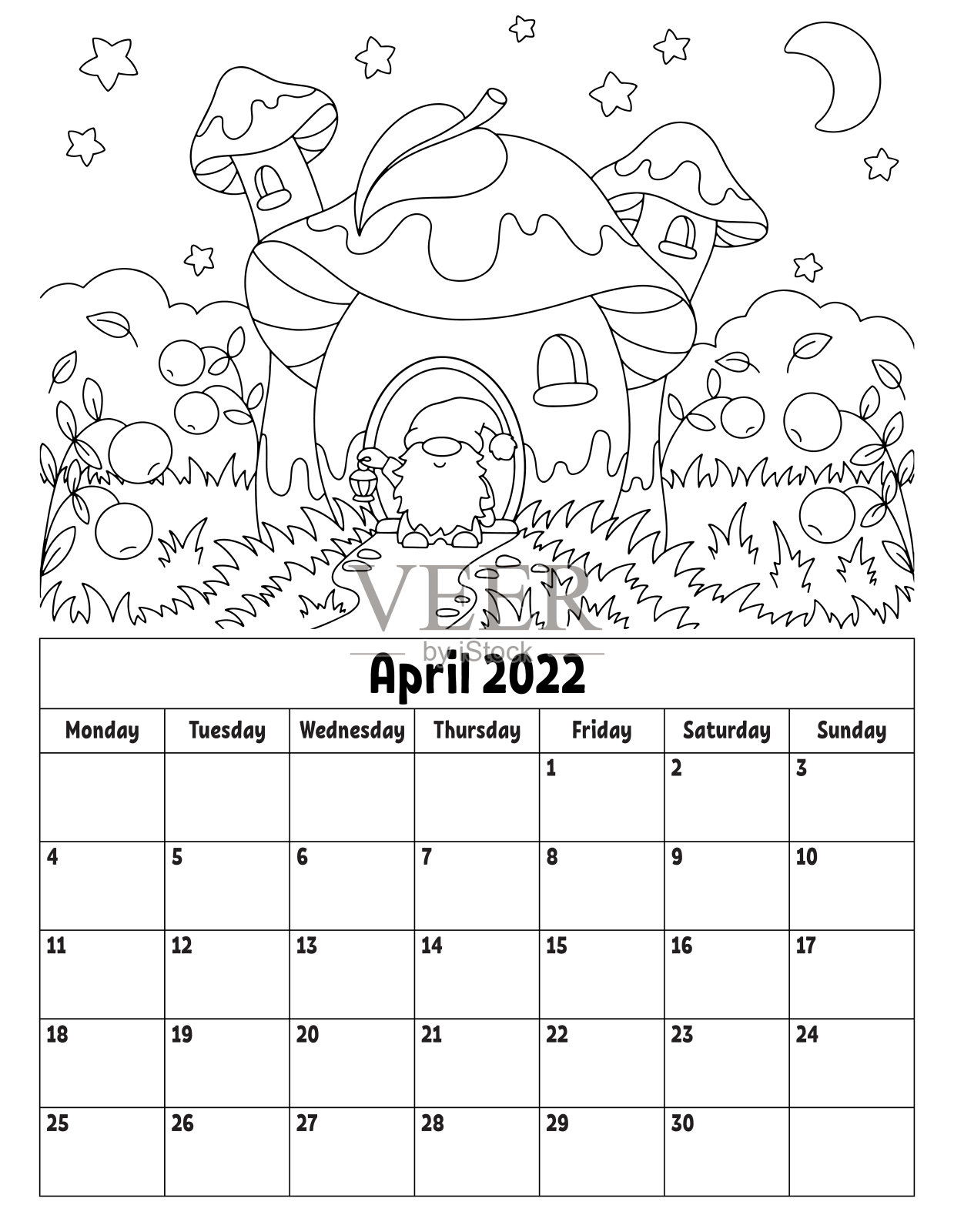 2022年的垂直日历，有一个可爱的字符。儿童涂色页。一周从星期一开始。孤立的矢量图。卡通风格。插画图片素材