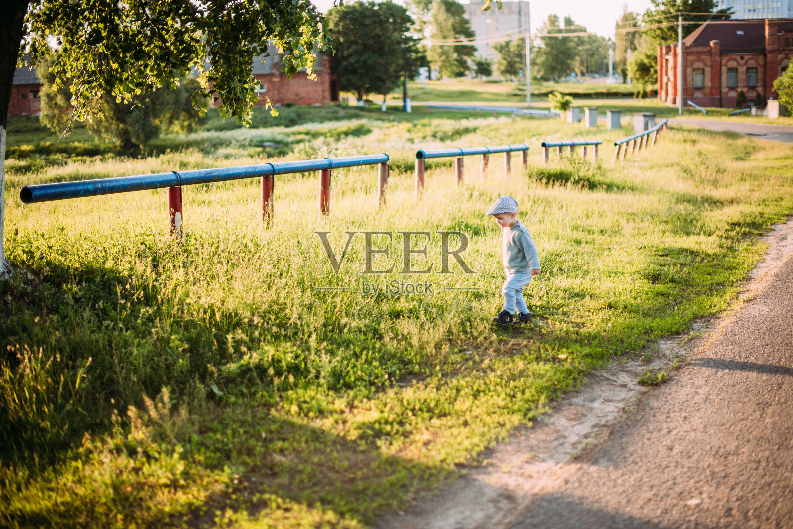 可爱帅气的小男孩1-2岁，在夏天探索大自然，玩得很开心照片摄影图片