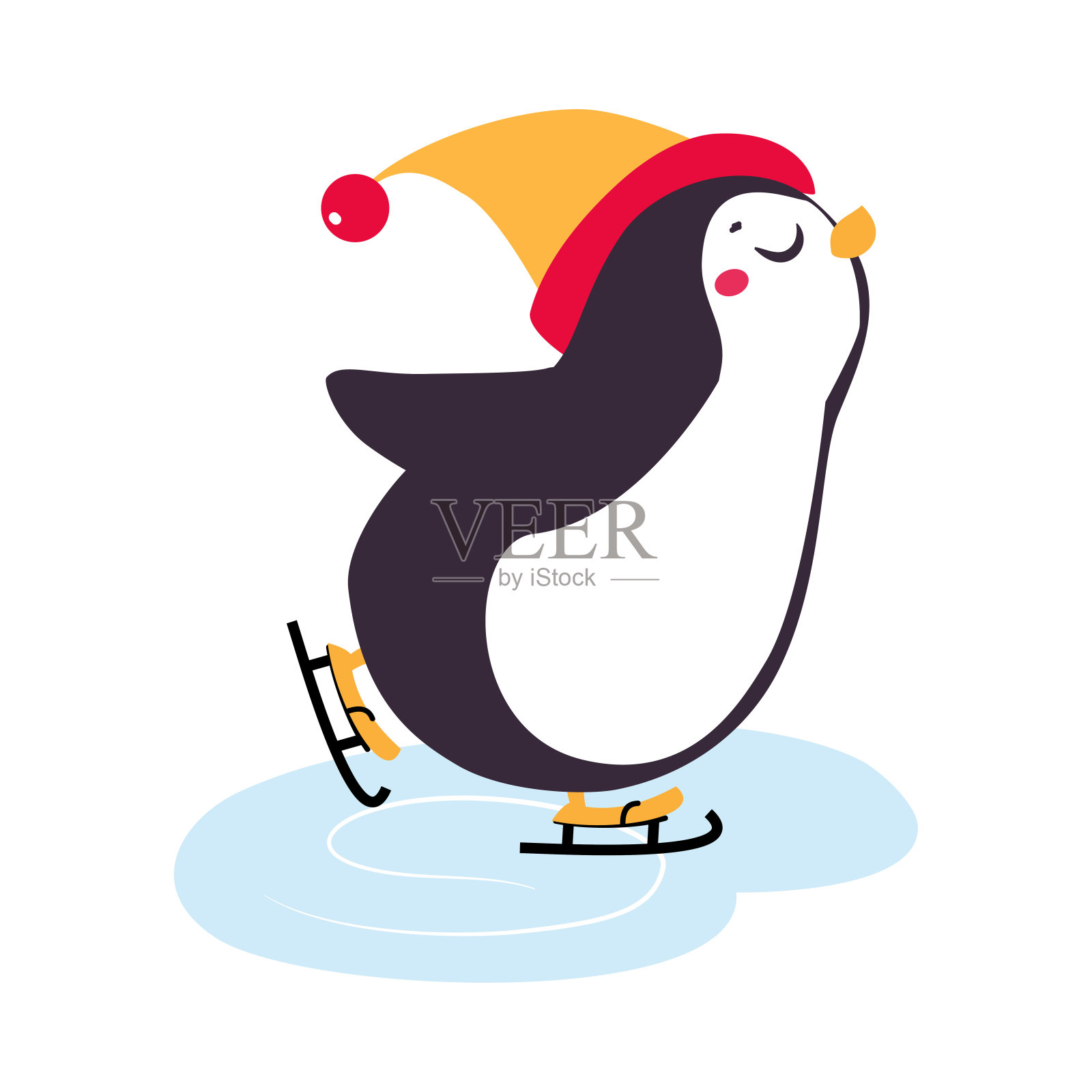 可爱的企鹅与红色的脸颊戴着帽子滑冰矢量插图插画图片素材
