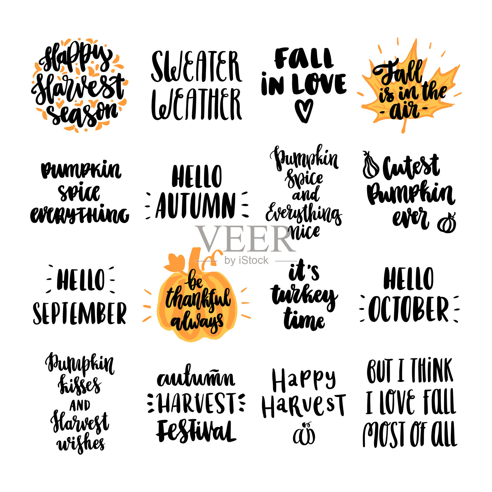 集16个秋题词，用于感恩、秋节、丰收。它可以用来制作邀请卡、小册子、海报和其他宣传材料。插画图片素材