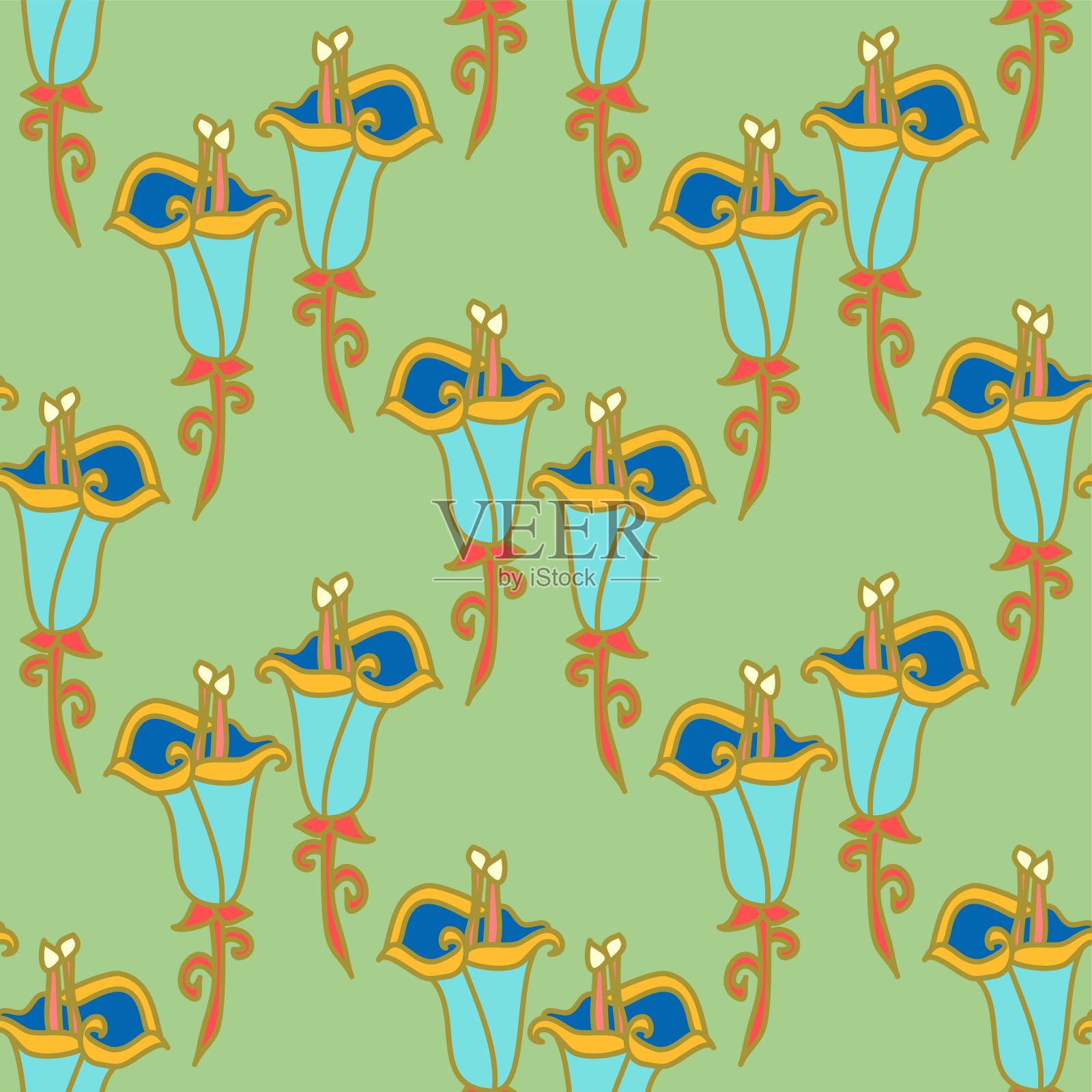 可爱多彩的马蹄莲向量重复图案在蓝色和绿色插画图片素材