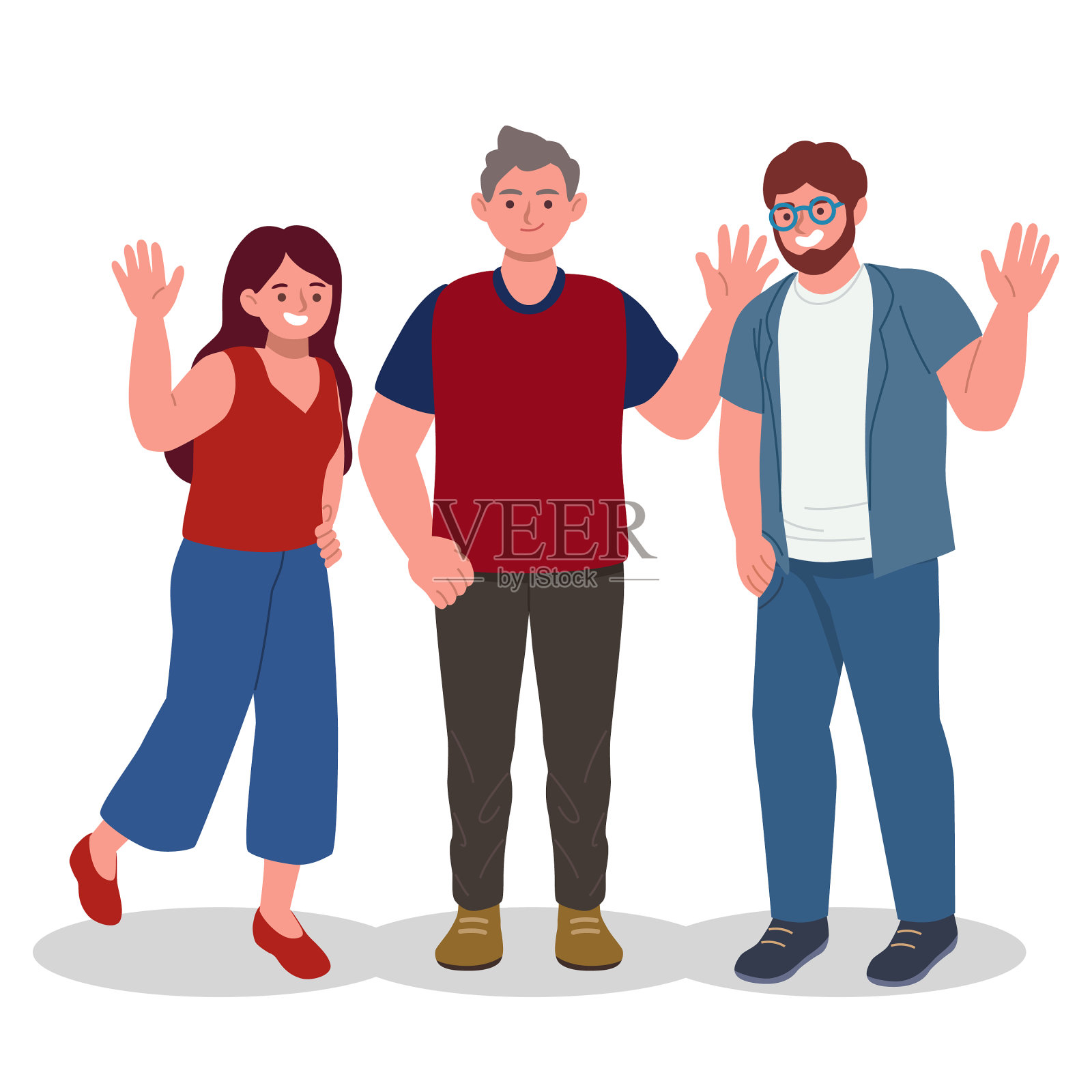 手绘平面设计的人们挥手设计元素图片