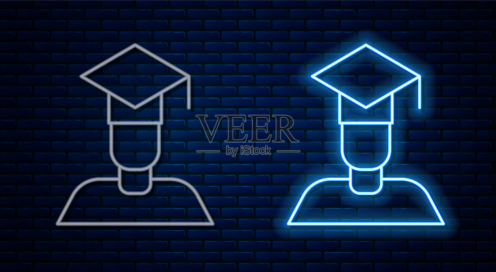 发光的霓虹灯线毕业生和毕业帽图标插画图片素材