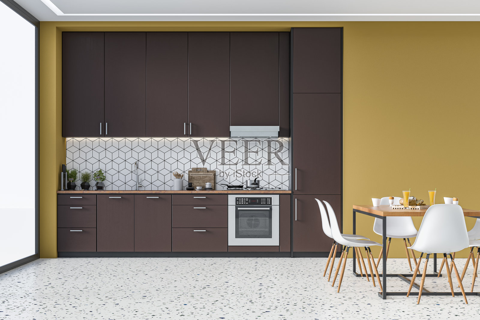 现代厨房和餐厅70年代复古风格照片摄影图片