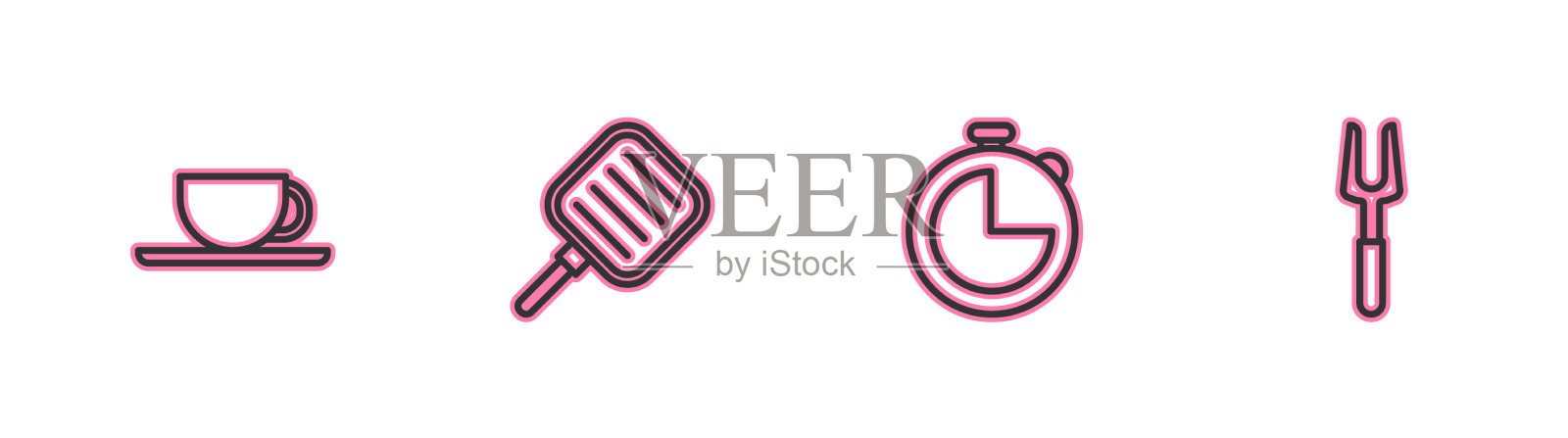 设置线咖啡杯，厨房定时器，煎锅和图标素材