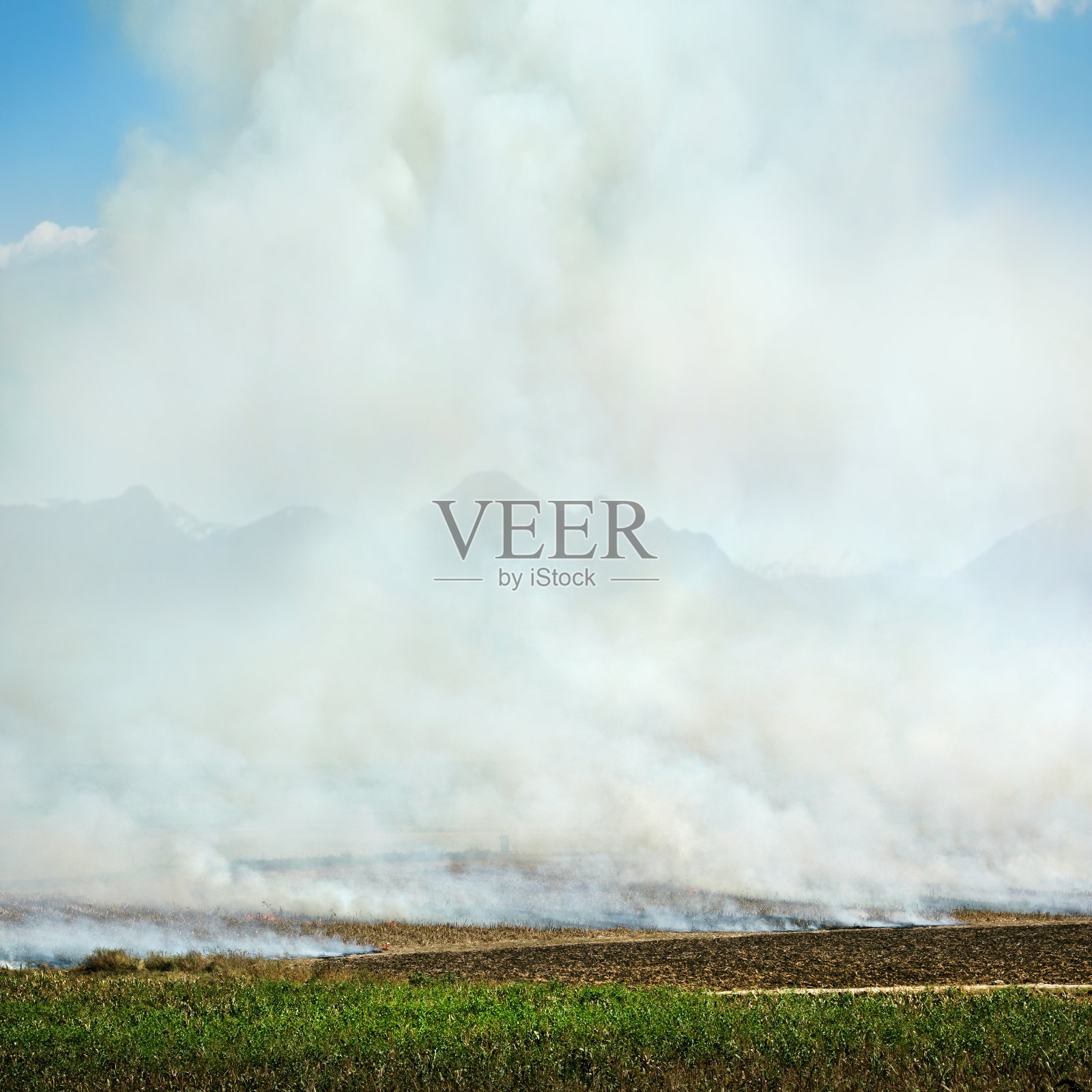 控制了农田火灾，天空被大量烟雾覆盖照片摄影图片