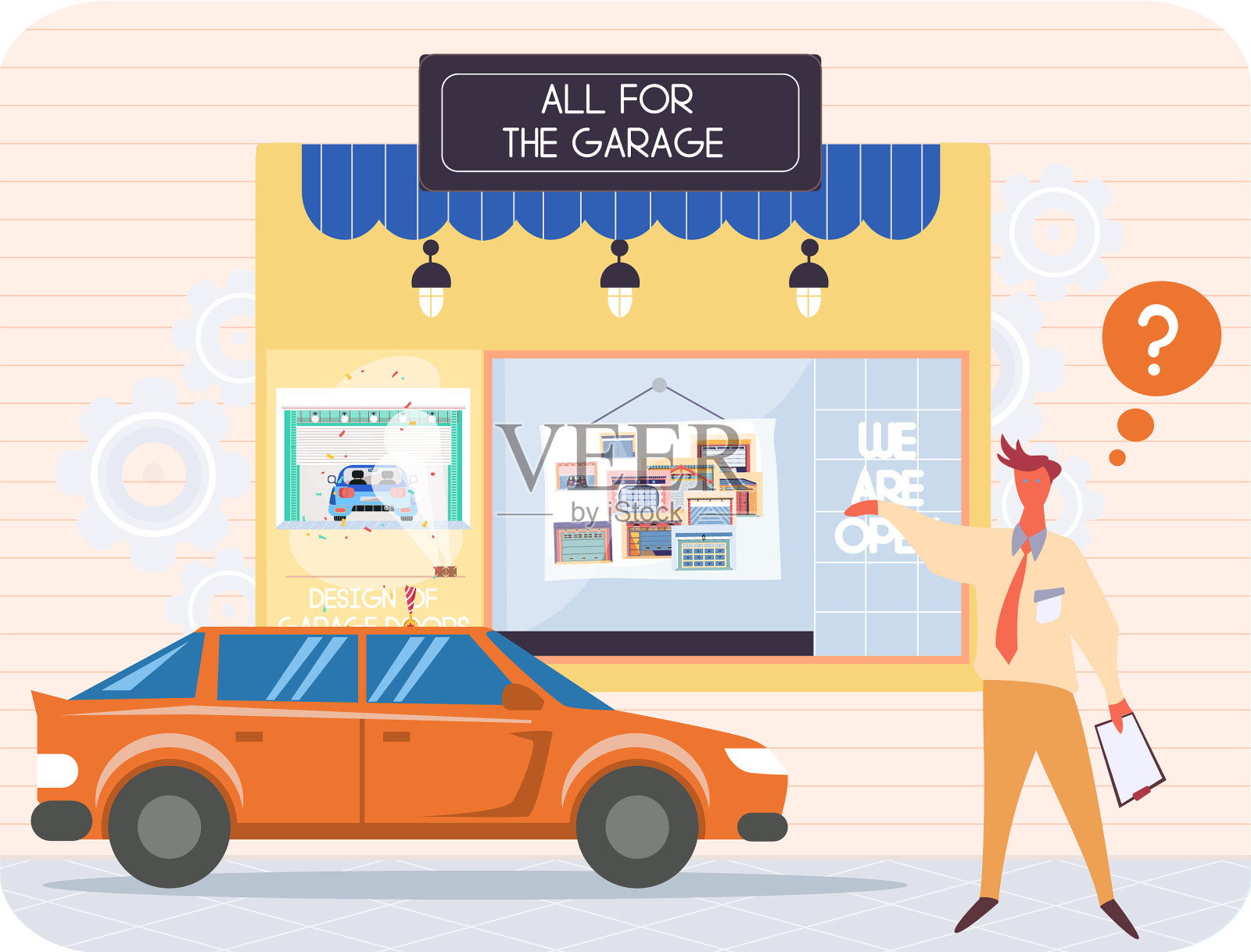 男人站在车库商店附近插画图片素材