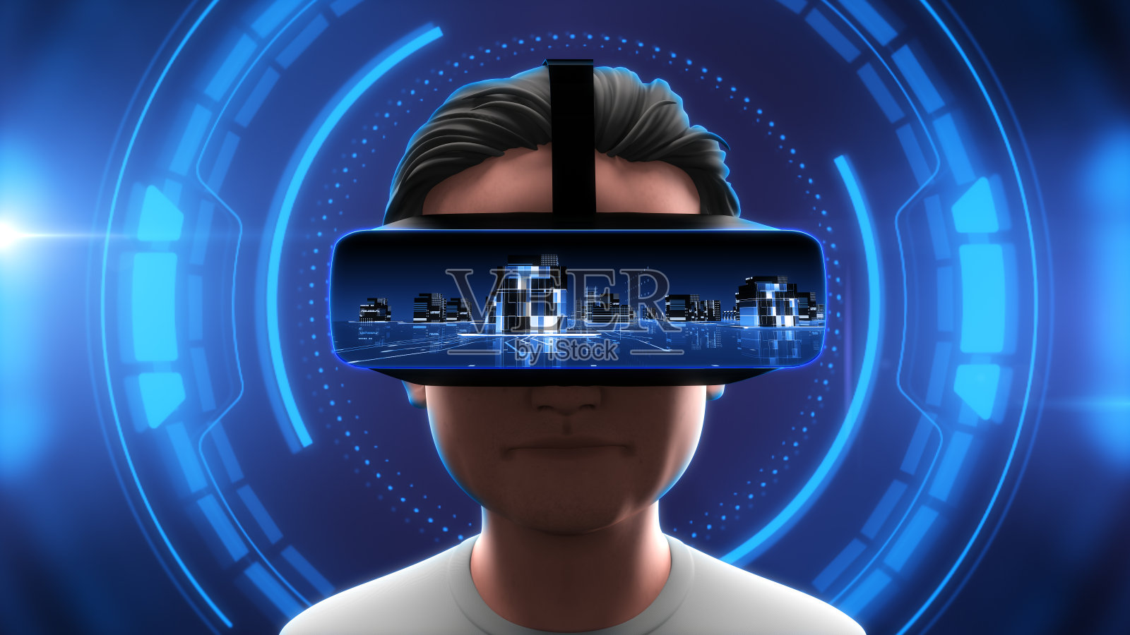 一个年轻人戴着VR头盔在数字背景下体验3D虚拟现实的特写镜头。照片摄影图片