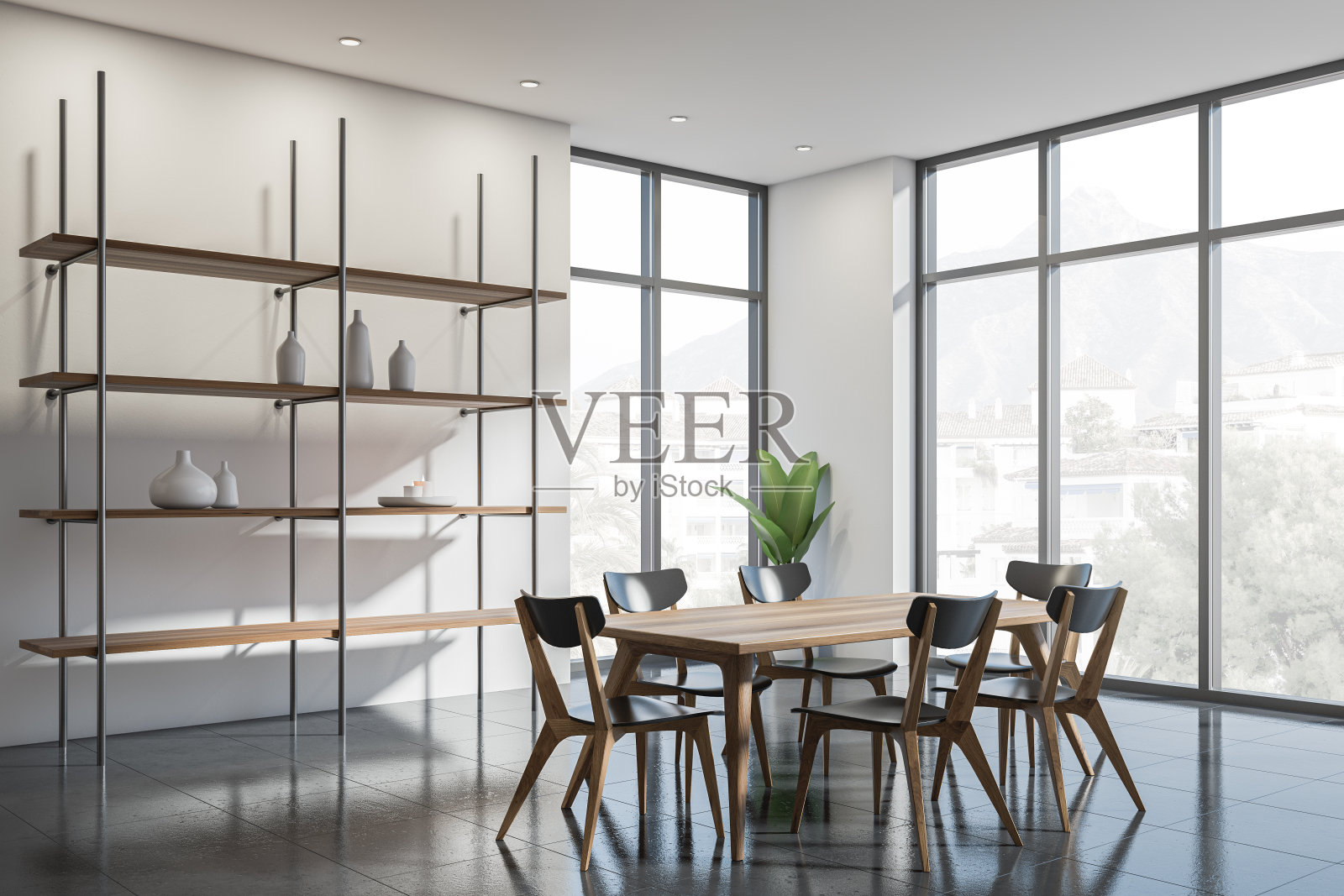 等候室内部的椅子和桌子在瓷砖地板上，全景窗户照片摄影图片