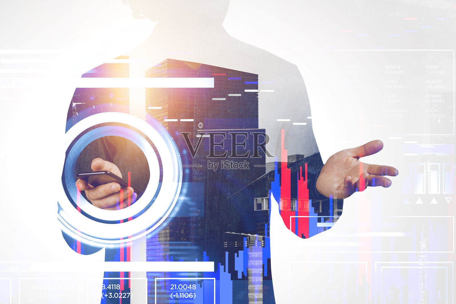 手持智能手机的商人，带着图形和数据的hud照片摄影图片