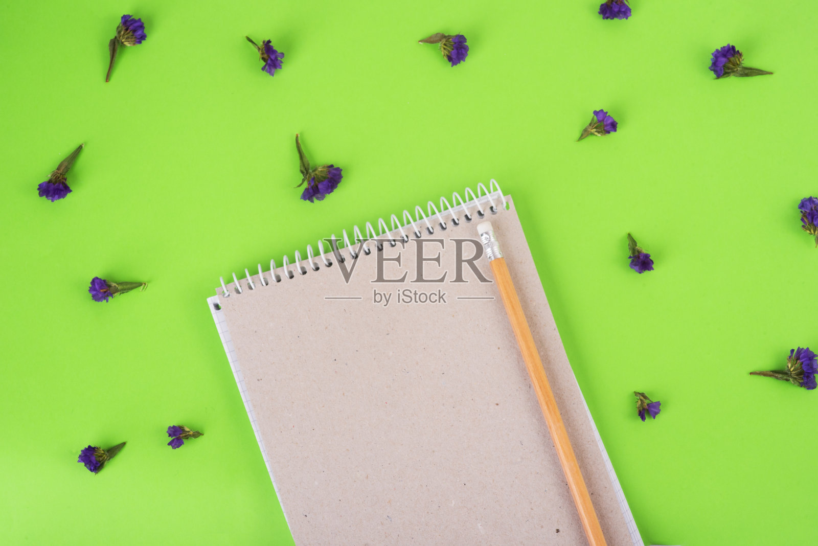 有机纸笔记本与铅笔在绿色背景与蓝色的花。零浪费理念，经营理念照片摄影图片