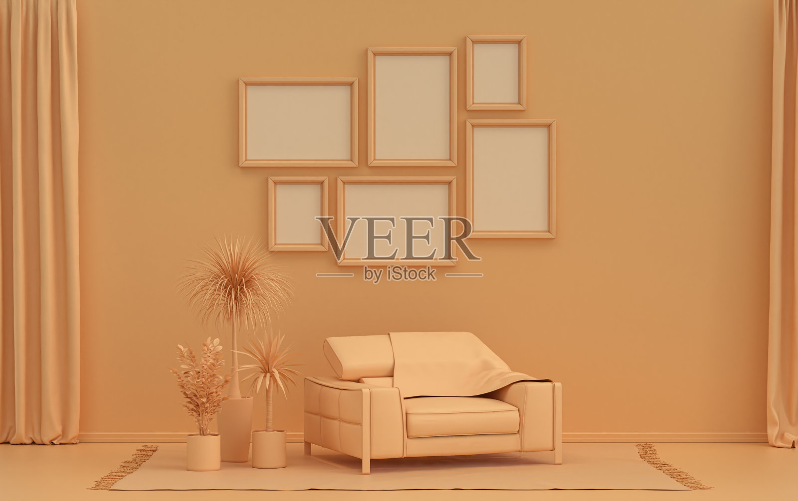 墙壁模型与六个框架在固体平面柔和的橙色粉红色，单色室内现代客厅与单椅子和植物，3d渲染照片摄影图片