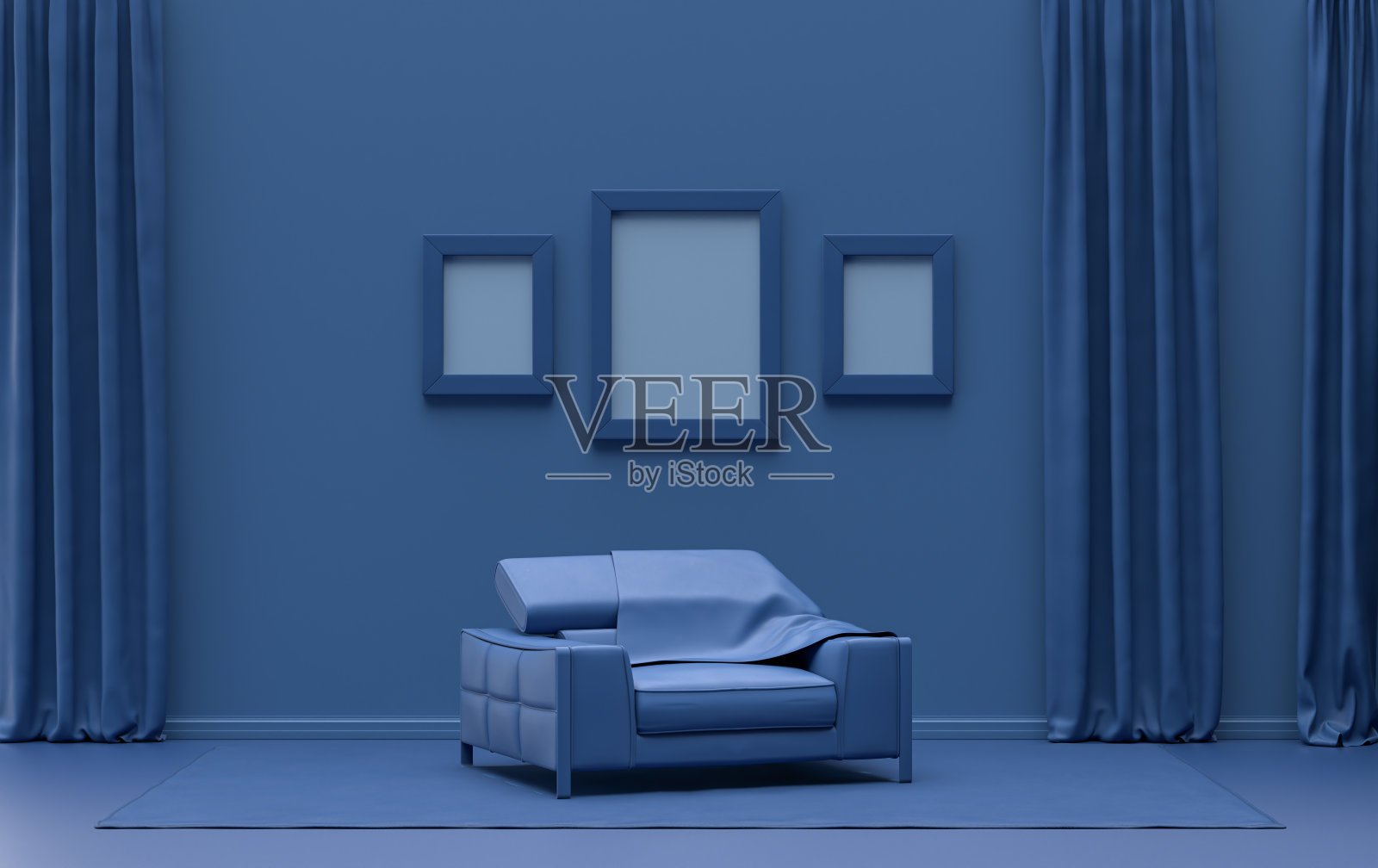 画廊墙壁有三个框架，在单色平面单一的深蓝色房间单椅，没有植物，3d渲染照片摄影图片