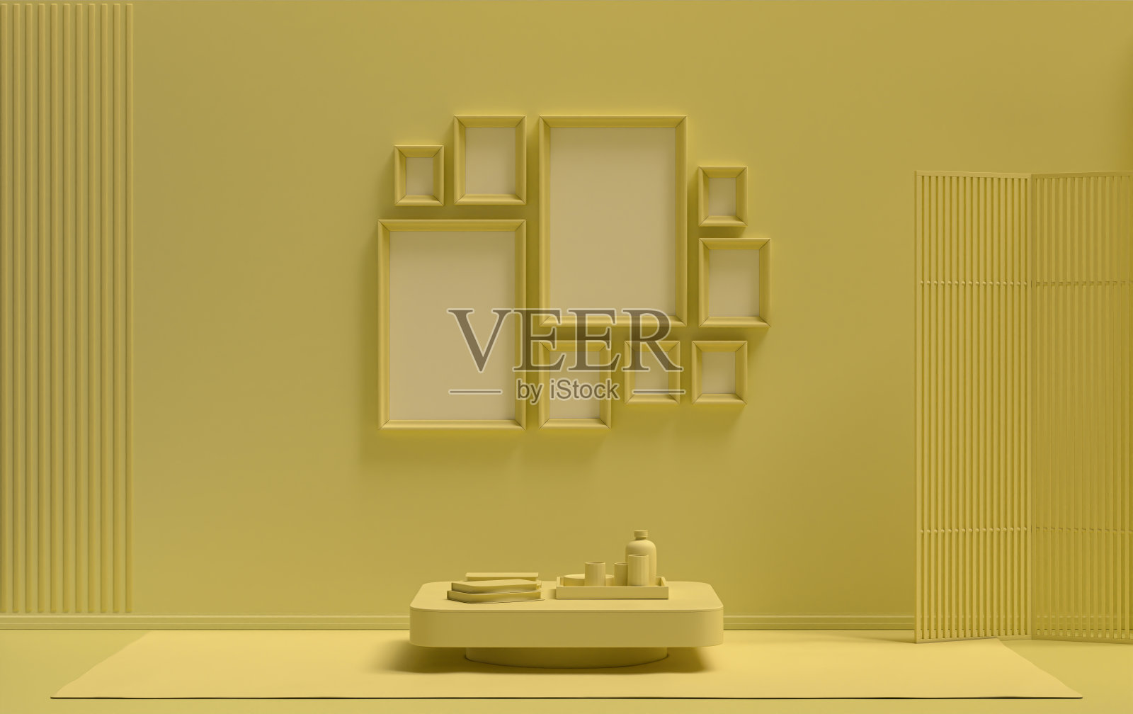 现代室内平面淡黄色色彩的房间与家具和植物，画廊墙壁模板与9个框架墙上的海报呈现，3d渲染照片摄影图片