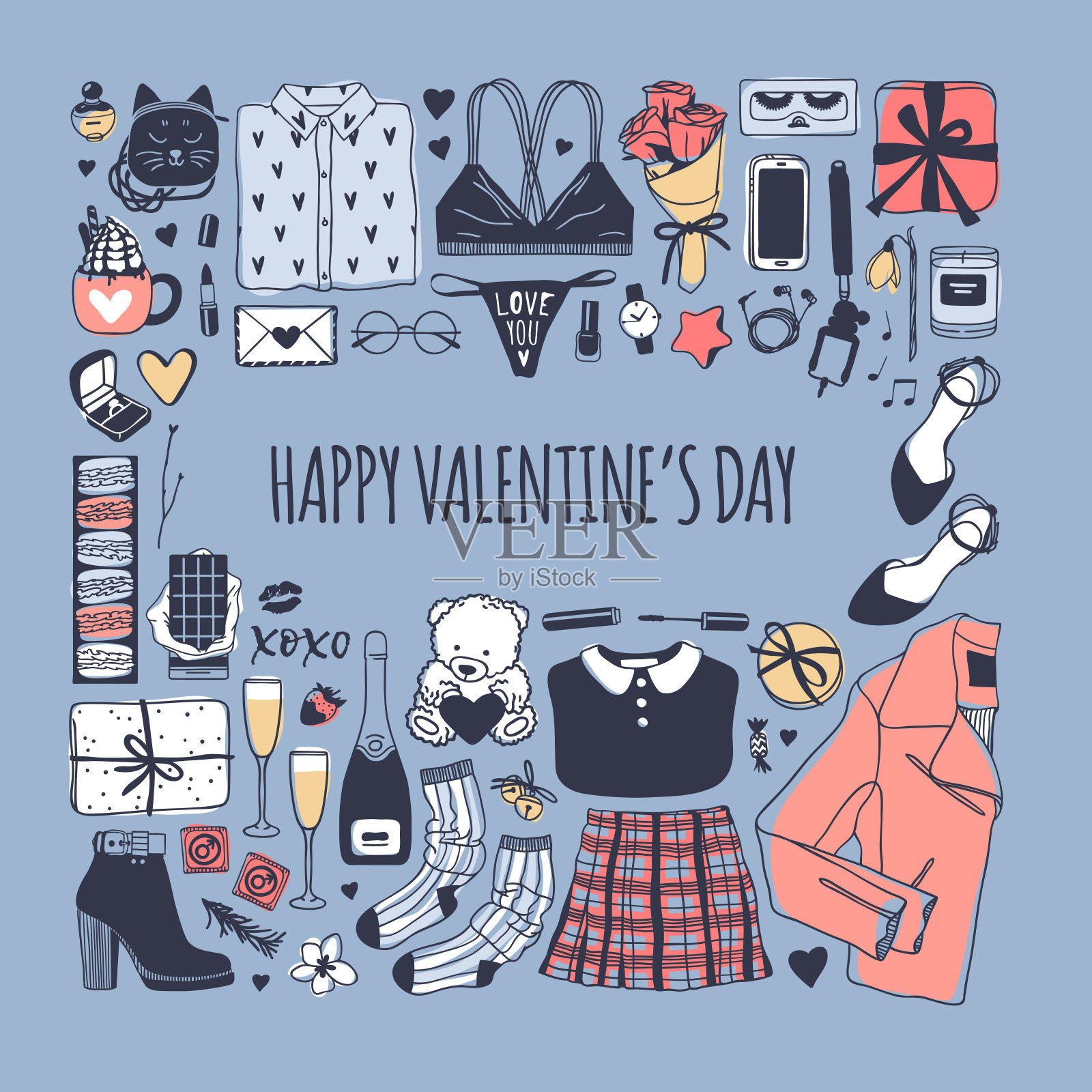 手绘时尚插图浪漫的对象和引用。创意水墨艺术作品。假期的实际矢量图。情人节快乐集和文本情人节插画图片素材