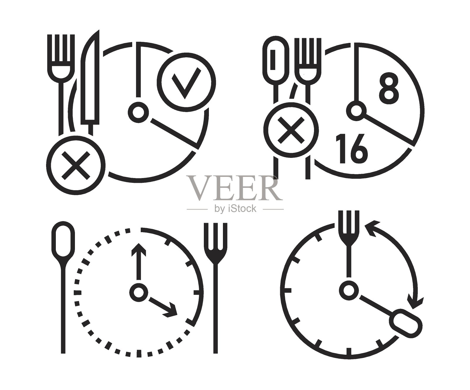 间歇性禁食图标。个人饮食计划收集。黑色的向量集图标素材