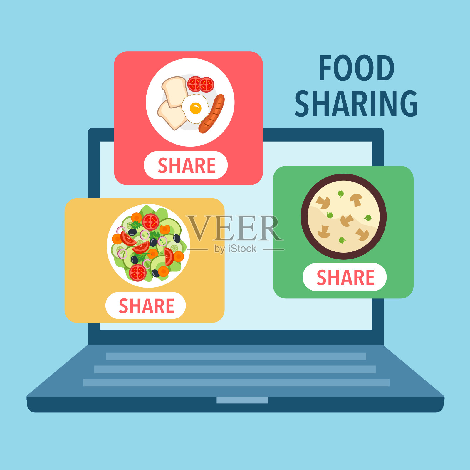 食物分享在电脑屏幕上的平面设计。在线捐赠的食物。时间为慈善事业。插画图片素材